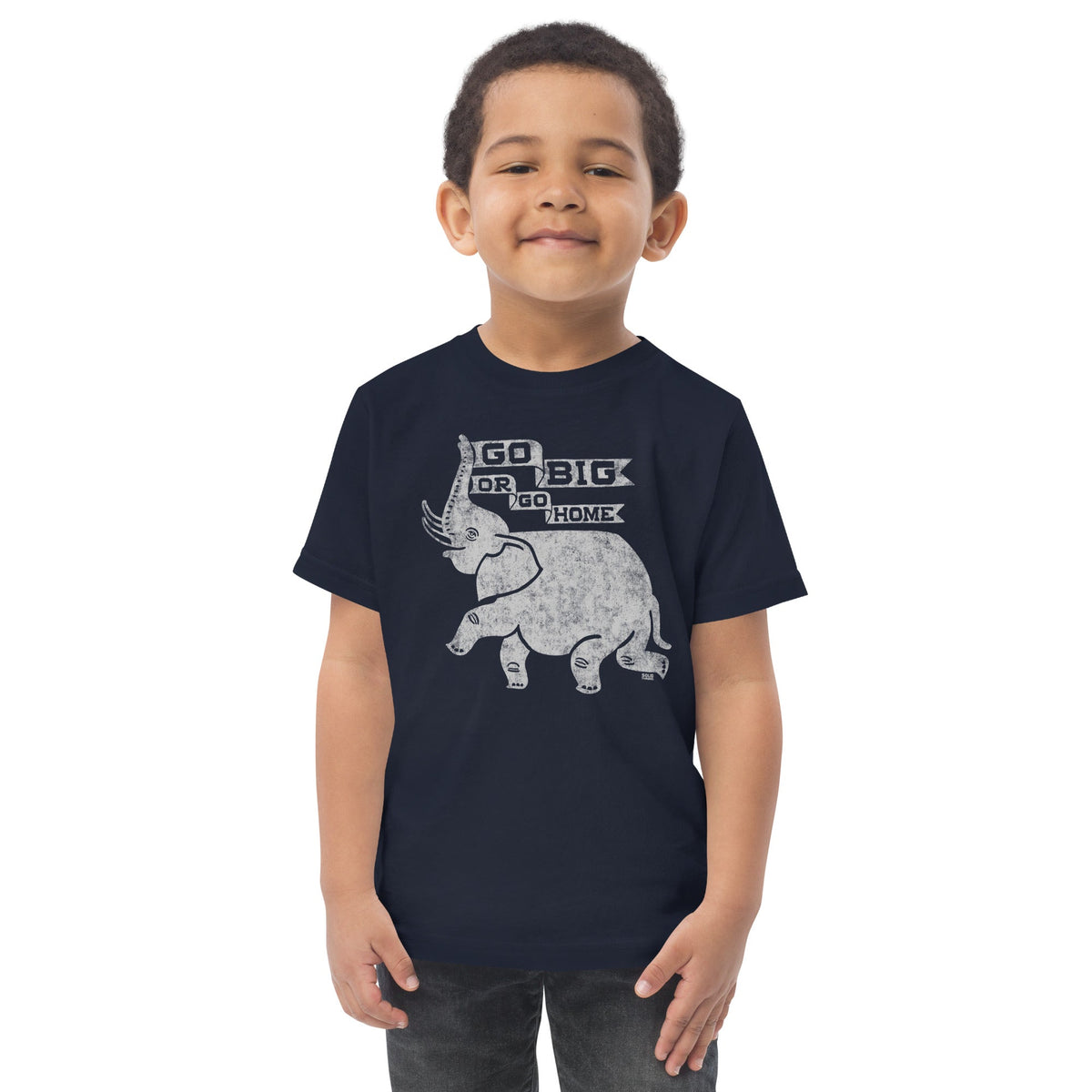 Toddler's Go Big Or Go Home Retro Extra Soft T-Shirt | Funny Elephant Tee On Model | Solid Threads