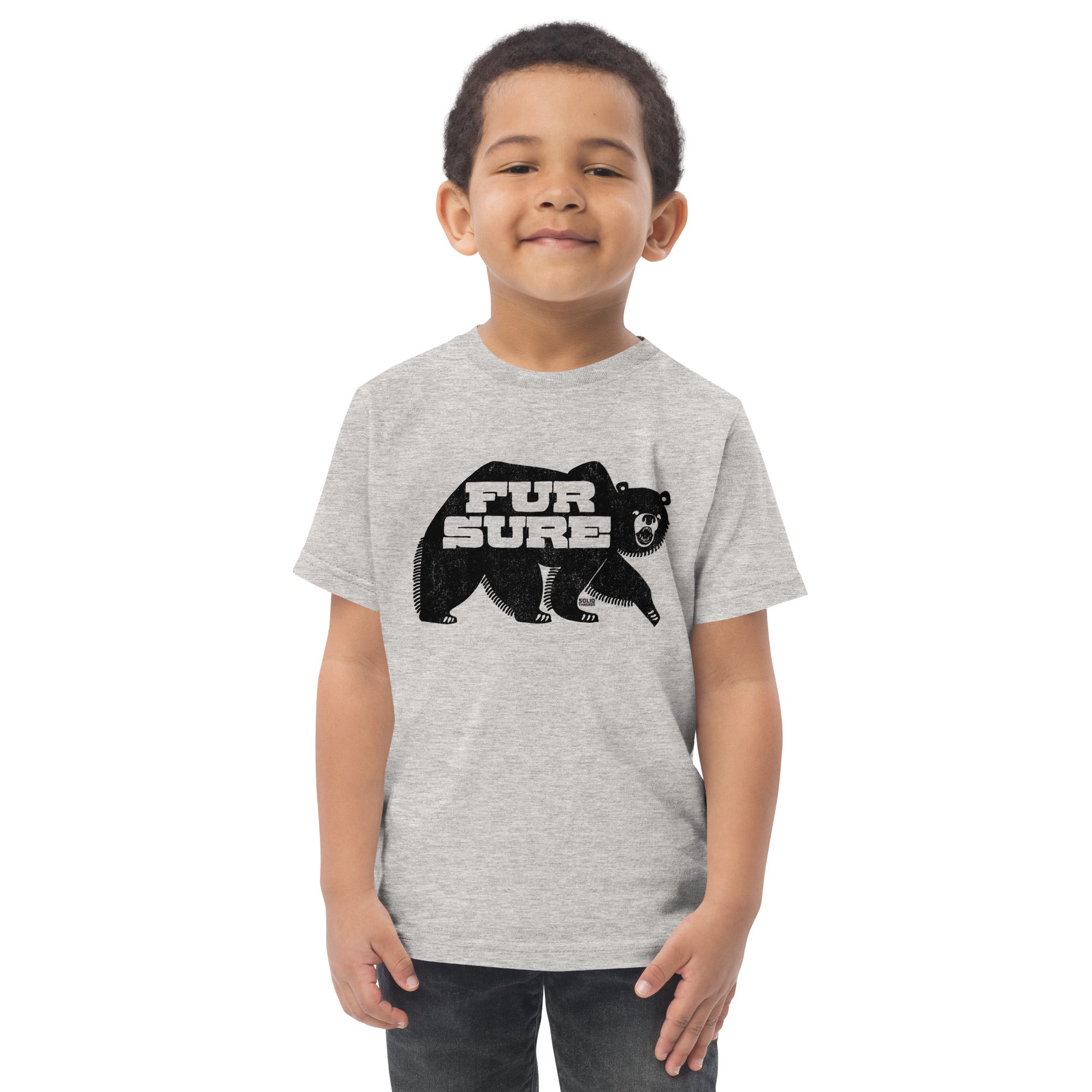 Toddler's Fur Sure Retro Hiking Extra Soft T-Shirt | Funny Animal Pun Tee On Model | Solid Threads