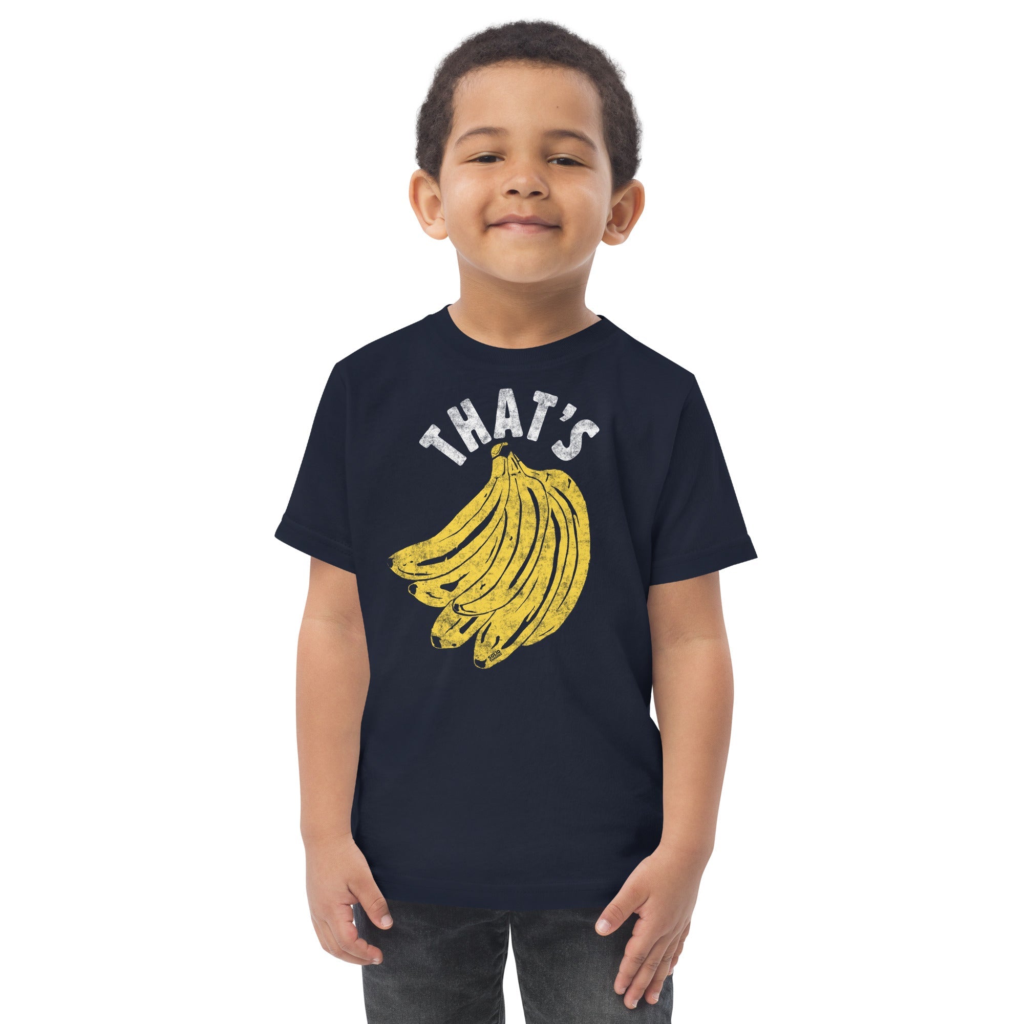 Toddler's That's Bananas Retro Vegan Extra Soft T-Shirt | Funny Fruit Tee On Model | Solid Threads