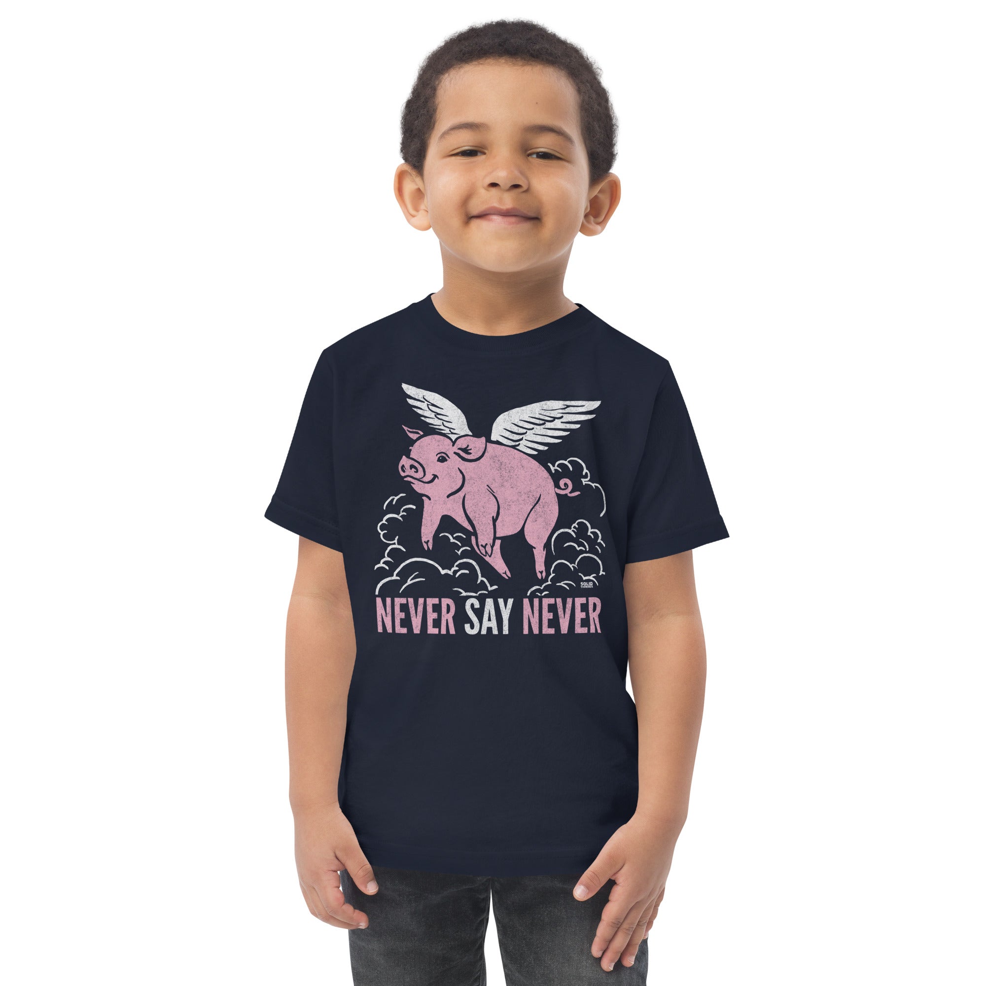 Toddler's Never Say Never Funny Extra Soft T-Shirt | Retro Optimism Tee On Model | Solid Threads