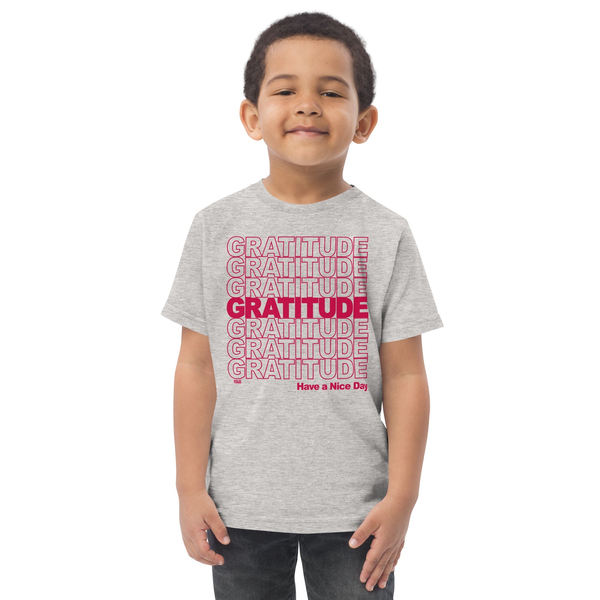 Toddler's Gratitude Cool Extra Soft T-Shirt | Retro Wholesome Positive Tee On Model | Solid Threads