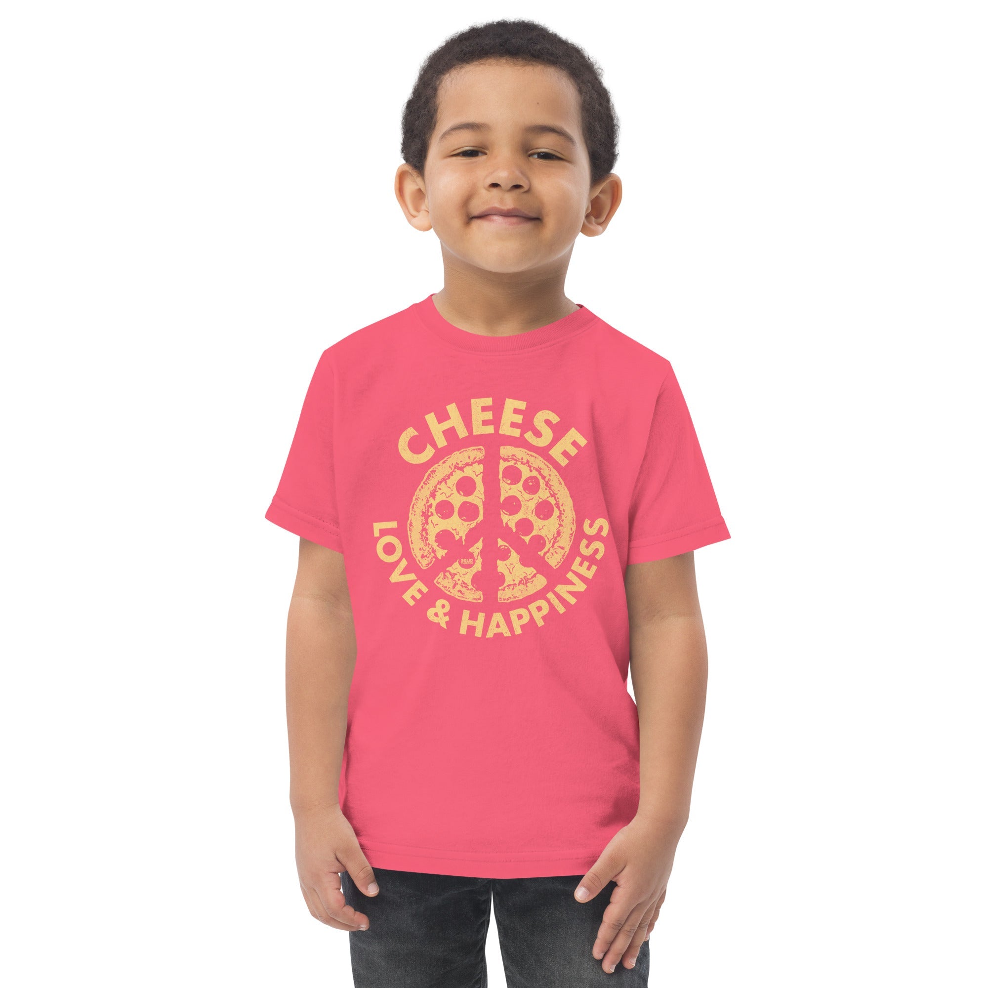 Toddler's Cheese Love Happiness Funny Extra Soft T-Shirt | Retro Pizza Tee On Model | Solid Threads