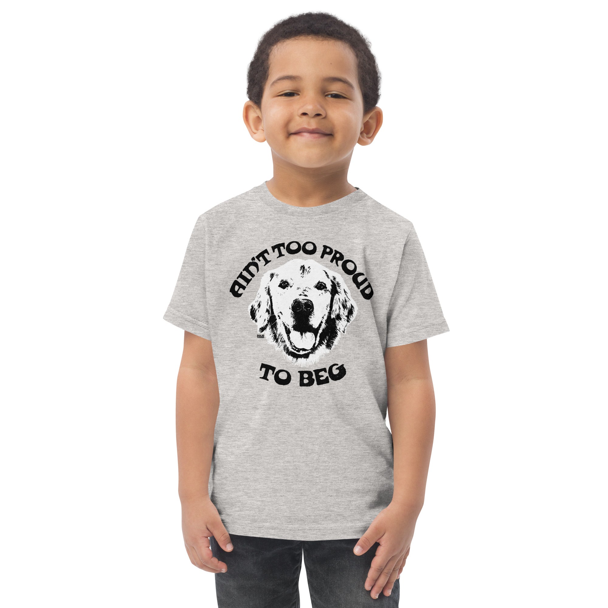 Toddler's Too Proud Beg Retro Extra Soft T-Shirt | Funny Animal Lover Tee On Model | Solid Threads