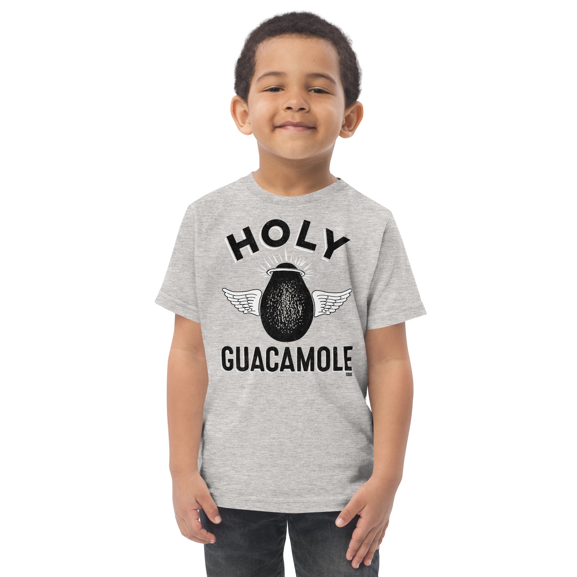 Toddler's Holy Guacamole Retro Food Extra Soft T-Shirt | Funny Avocado Tee On Model | Solid Threads