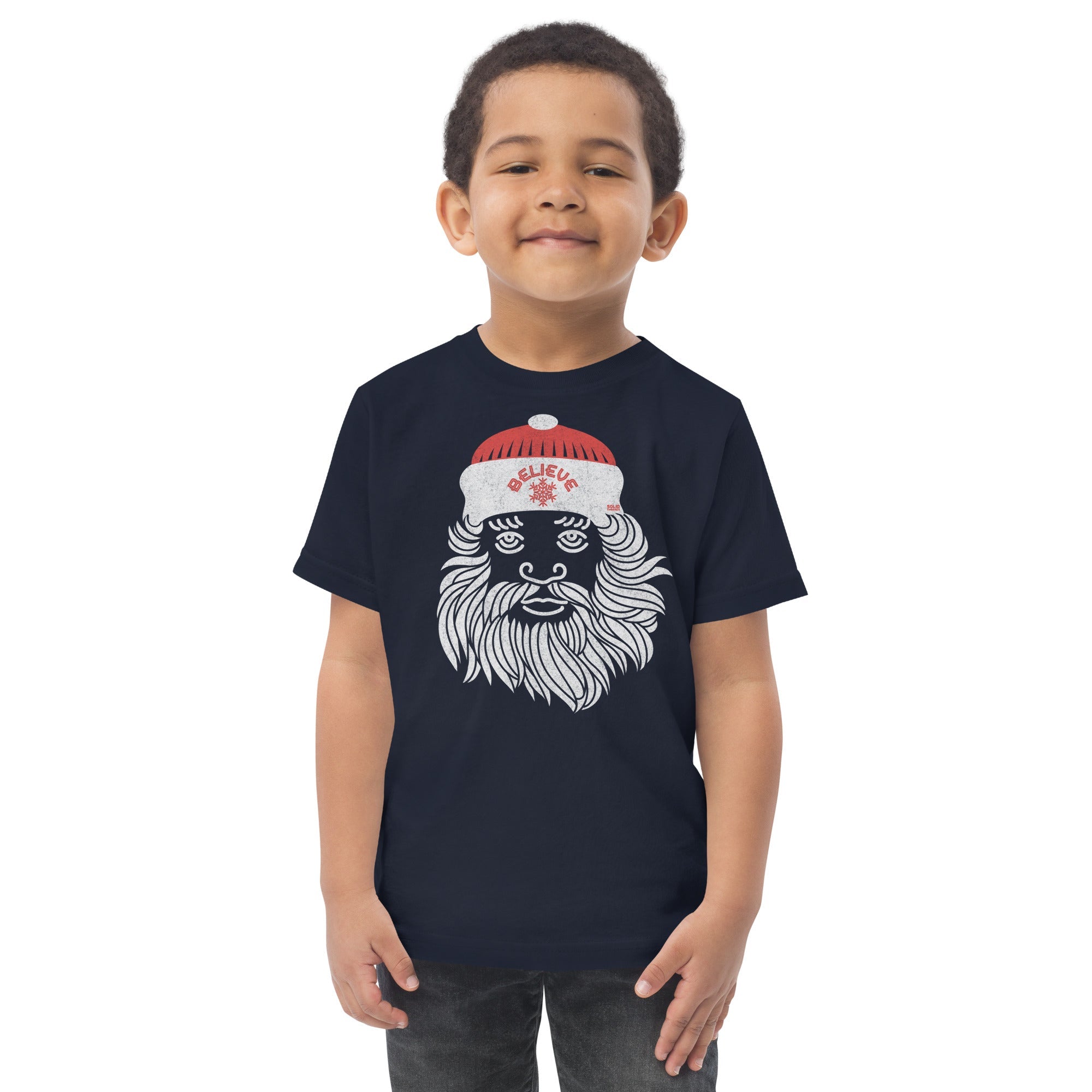 Toddler's Believe In Santa Cool Extra Soft T-Shirt | Retro Christmas Tee On Model | Solid Threads