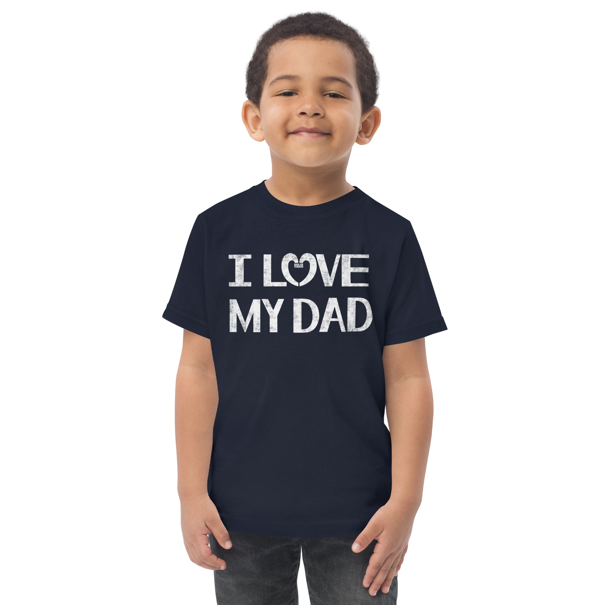 Toddler's I Love My Dad Cute Extra Soft T-Shirt | Retro New Parent Tee On Model | Solid Threads
