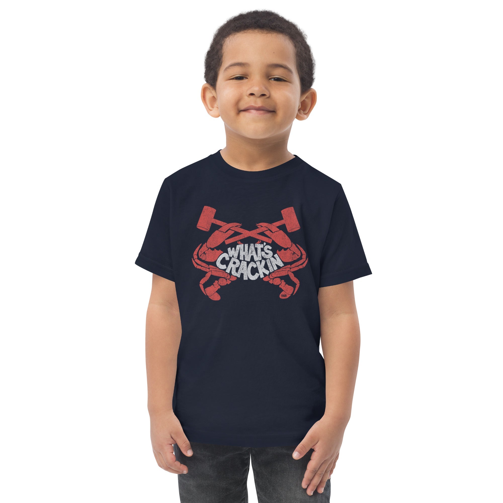 Toddler's Crackin' Crab Retro Extra Soft T-Shirt | Funny Seafood Feast Tee on Model | Solid Threads