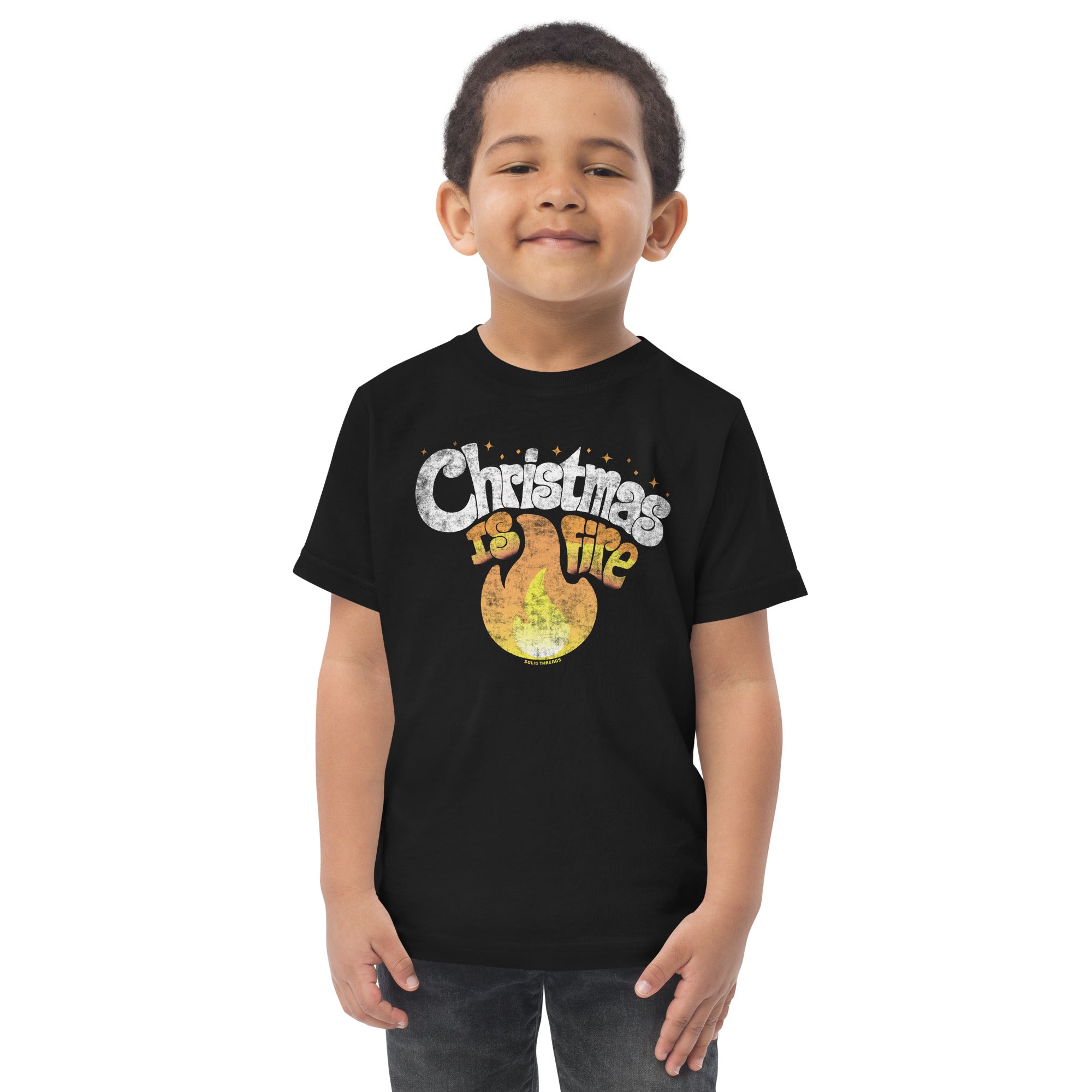 Toddler's Christmas Is Fire Retro Extra Soft T-Shirt | Funny Holiday Tee | Solid Threads