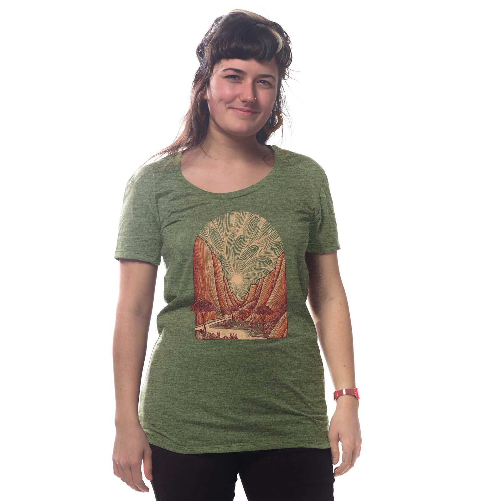 Women's Zion Vintage Inspired Scoopneck T-Shirt | Retro National Park Graphic Tee on Model | Solid Threads
