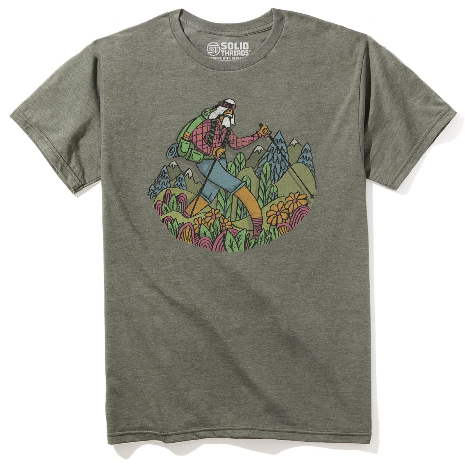 Wise Hiker Vintage Staple T-shirt in Olive Heather - Front View