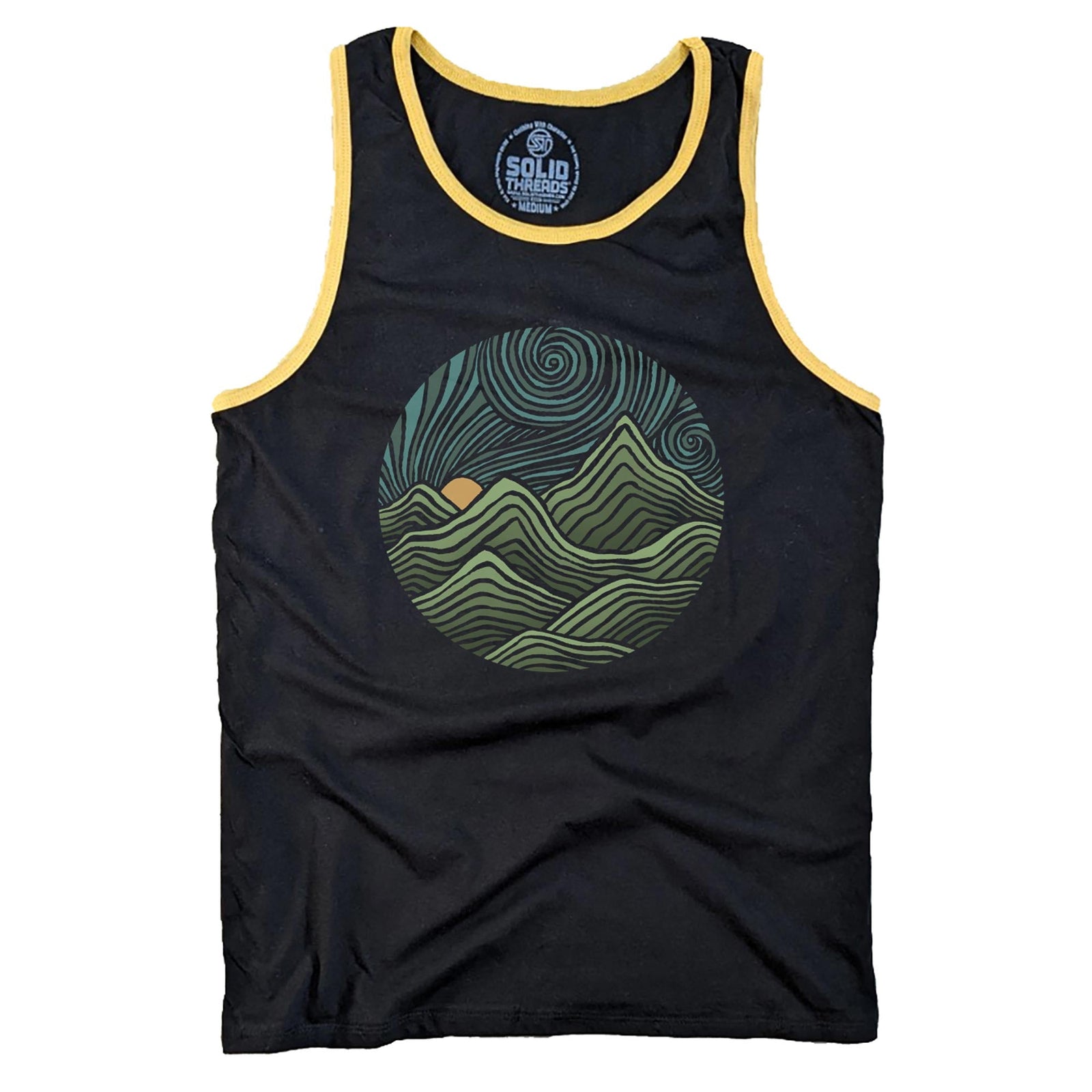 Men's Swirly Mountains Vintage Graphic Tank Top | Cool Nature T-shirt | Solid Threads