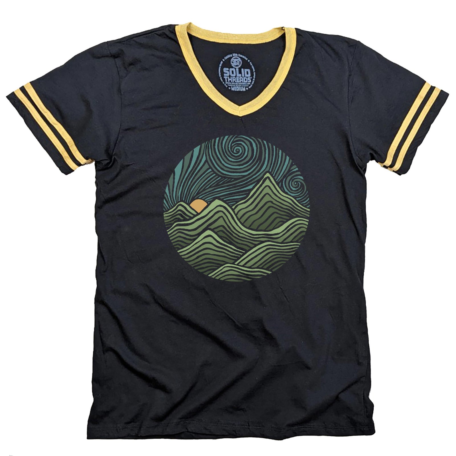 Men's Swirly Mountains Vintage Graphic V-Neck Tee | Cool Nature T-shirt | Solid Threads