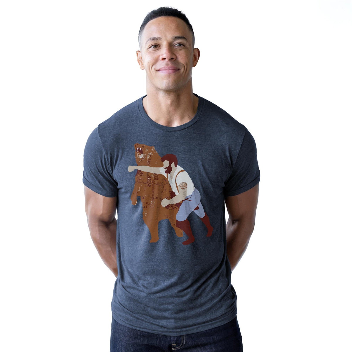 Bear Punch Funny Staple T-shirt in Navy Heather On Model - Front View