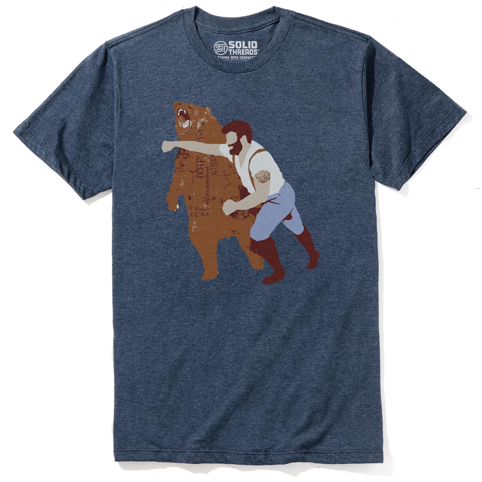 Bear Punch Funny Staple T-shirt in Navy Heather - Front View