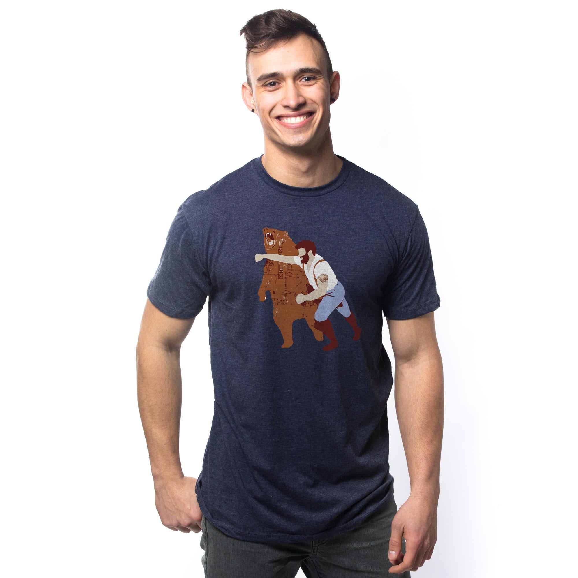 Men's Bear-Punch Funny Graphic T-Shirt | Cool Animal Fight  Tee on Model | Solid Threads