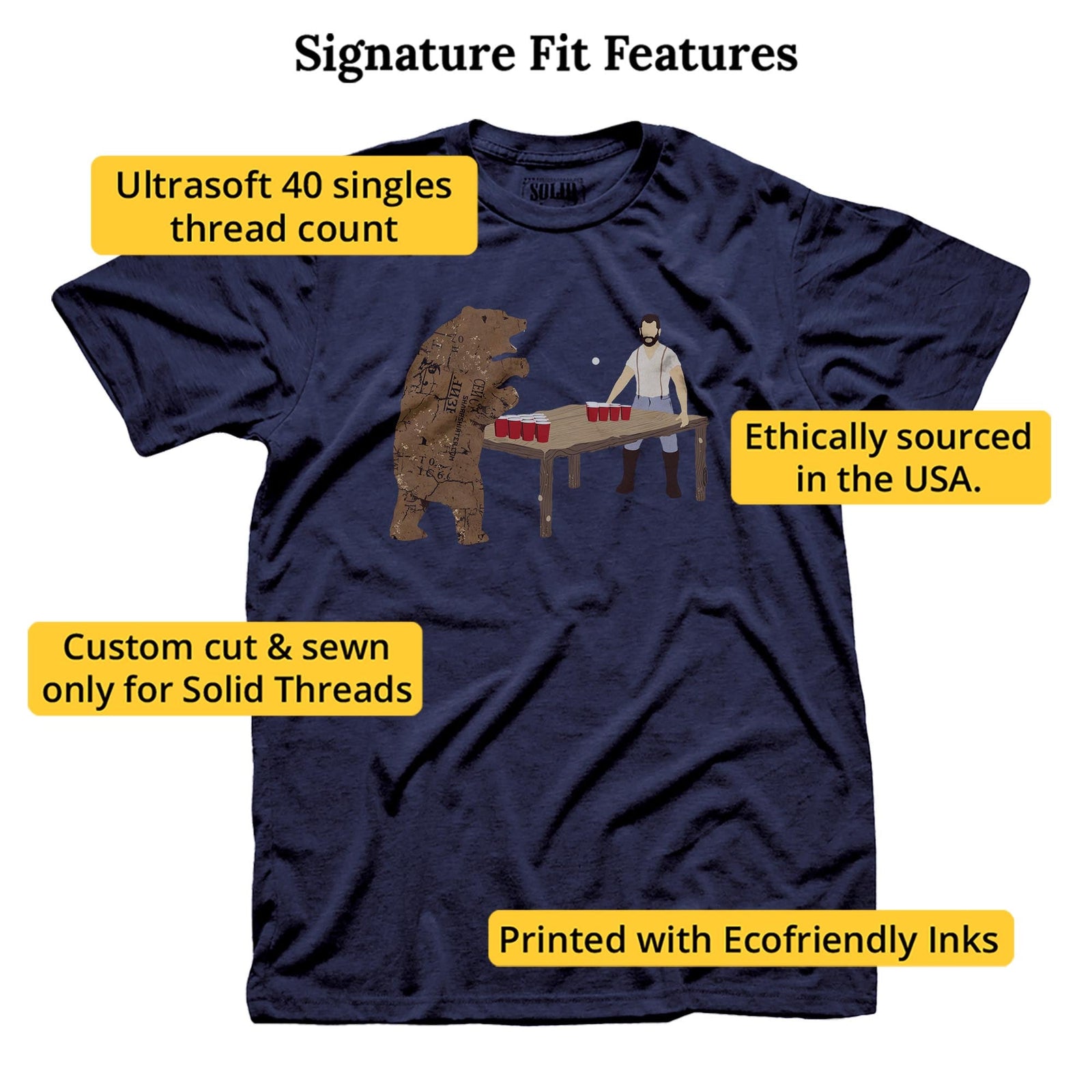 Bear Pong Funny Signature T-shirt in Navy - Fit Attributes