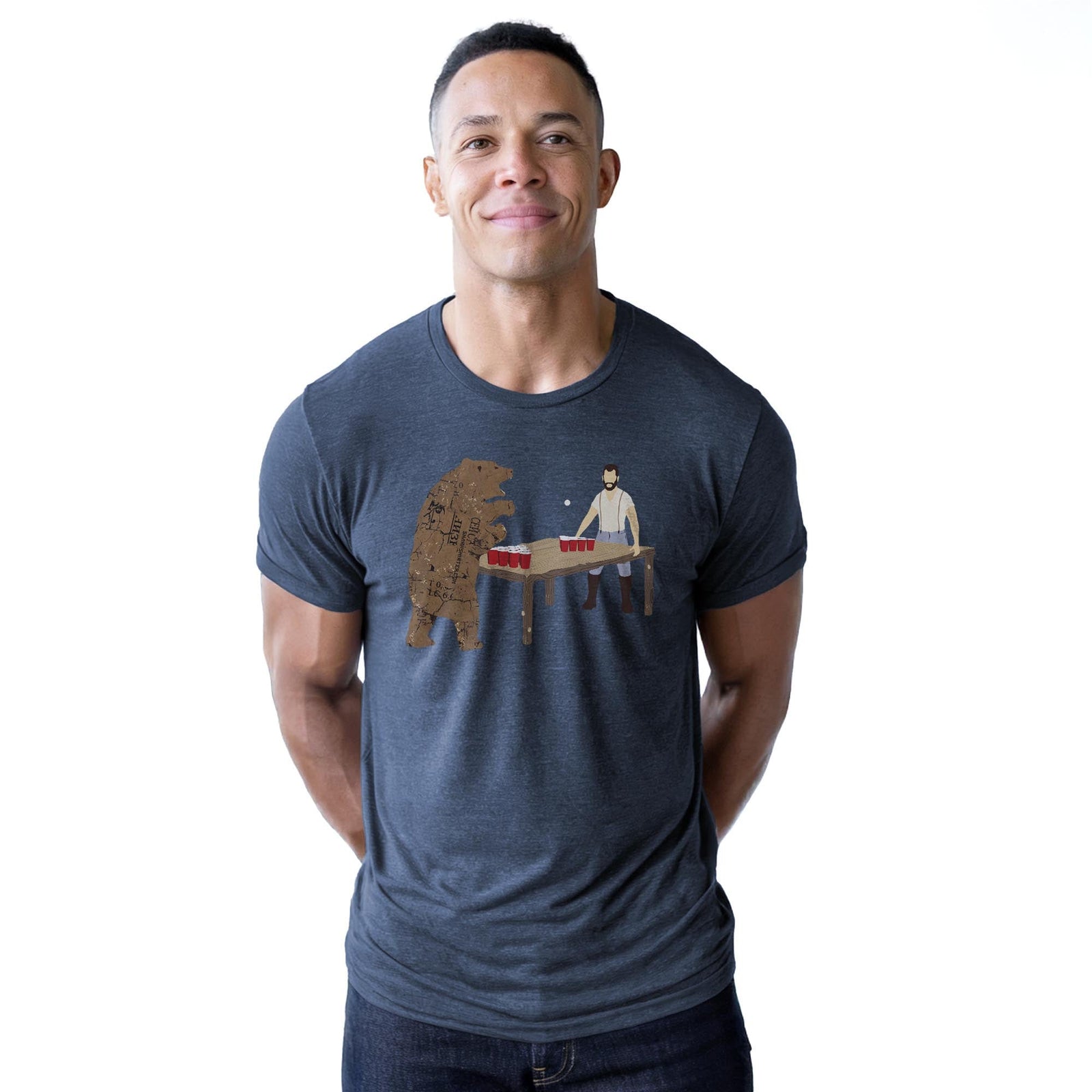 Bear Pong Funny Staple T-shirt in Navy Heather On Model - Front View