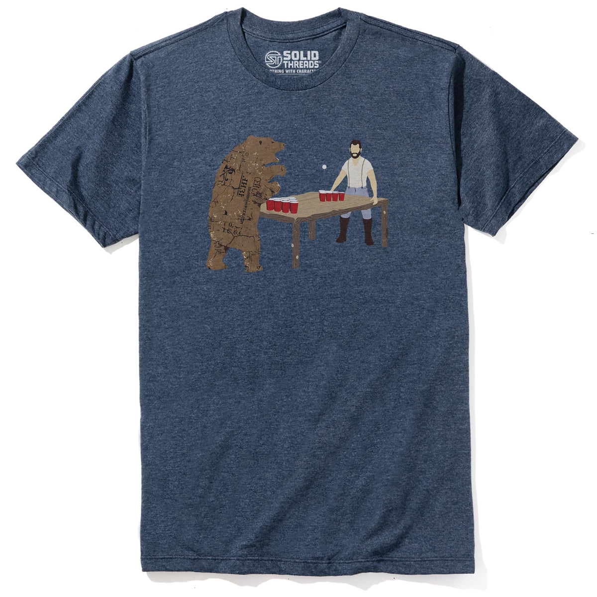 Bear Pong Funny Staple T-shirt in Navy Heather - Front View