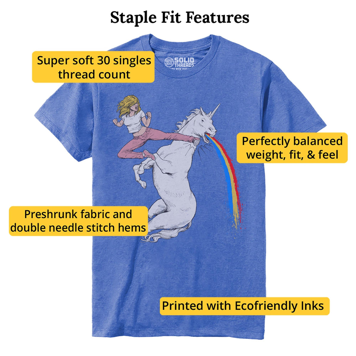 Bloodsport Barbie Funny Staple T-shirt in Royal Heather - Fit Attributes