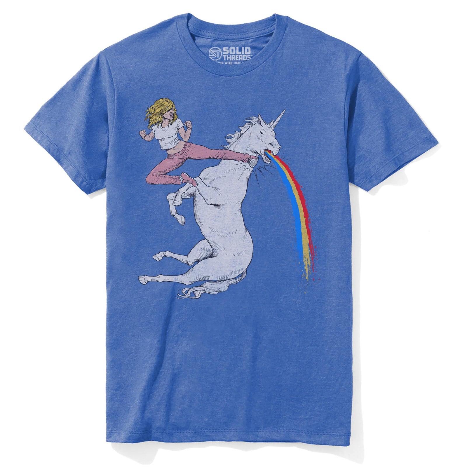 Bloodsport Barbie Funny Staple T-shirt in Royal Heather - Front View