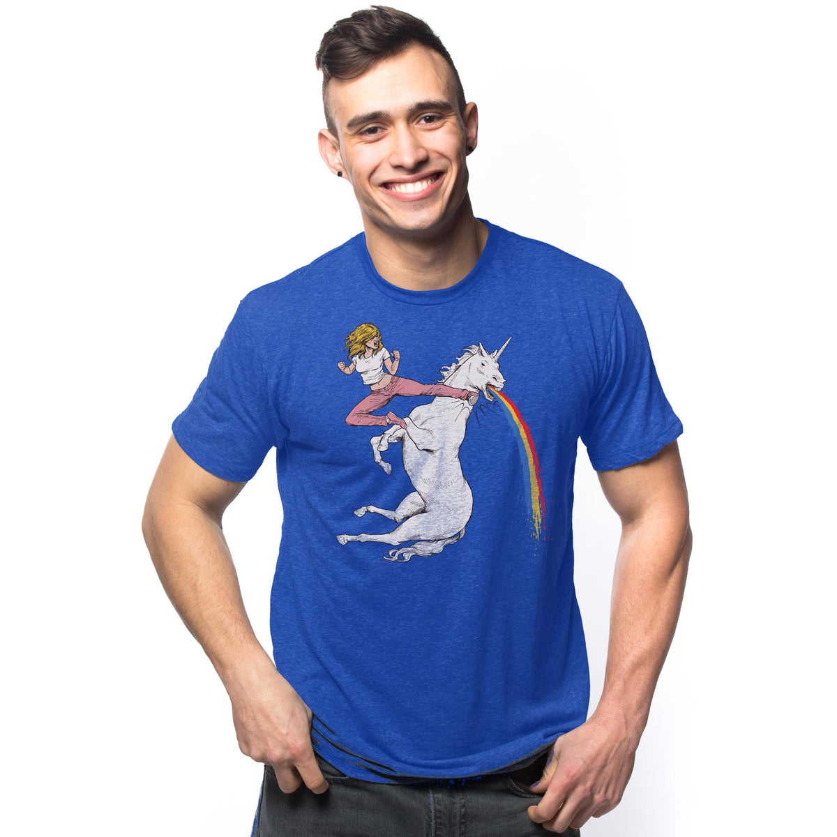 Men's Bloodsport-Barbie Funny Graphic T-Shirt | Cool Unicorn Martial Arts Tee on Model | Solid Threads