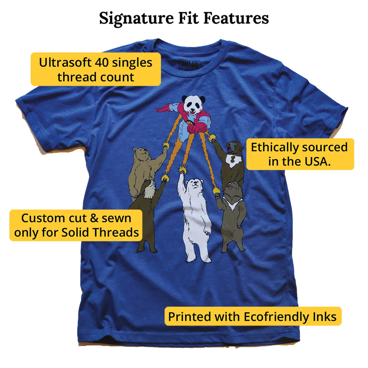 Captain Panda Funny Signature T-shirt in Royal - Fit Attributes