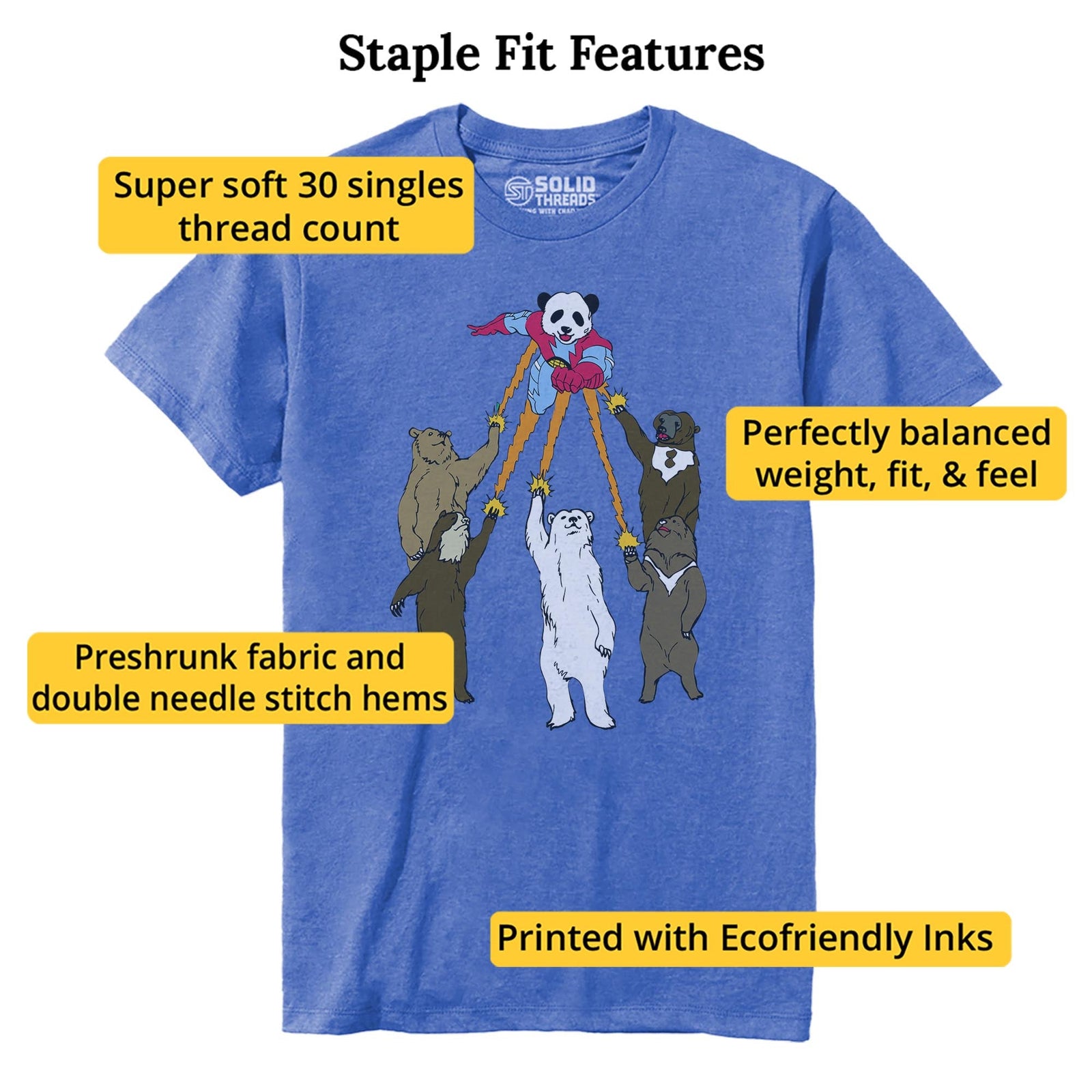 Captain Panda Funny Staple T-shirt in Royal Heather - Fit Attributes
