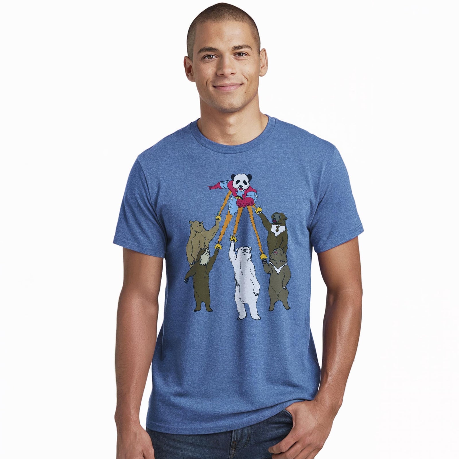 Captain Panda Funny Staple T-shirt in Royal Heather On Model - Front View