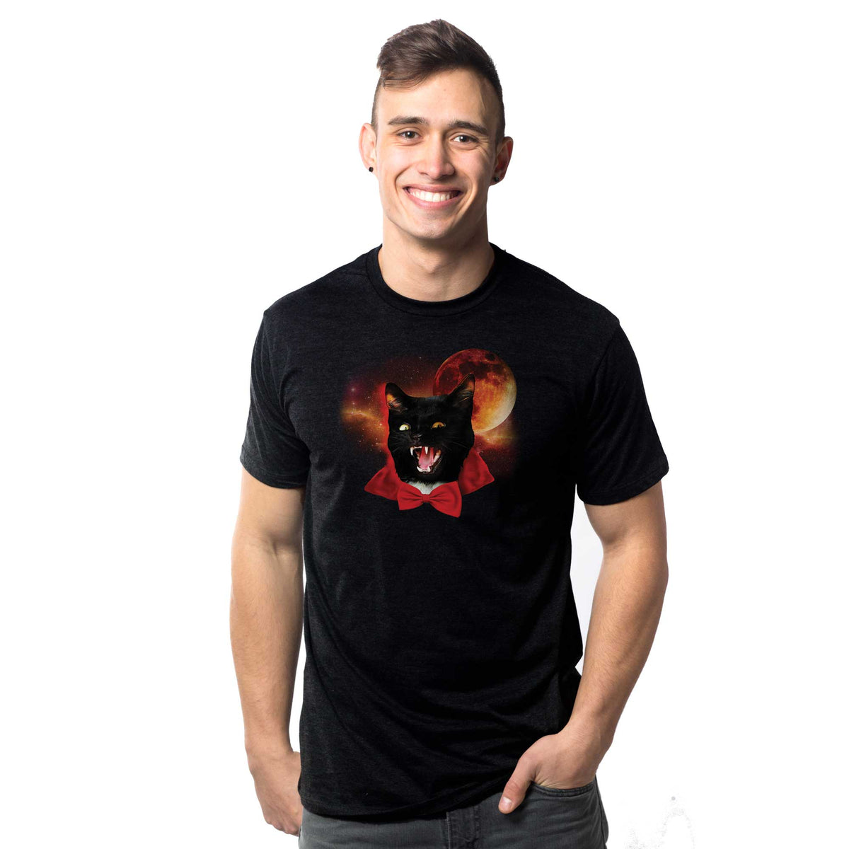 Men's Catula Funny Graphic T-Shirt | Cool Cat Dracula  Tee on Model | Solid Threads
