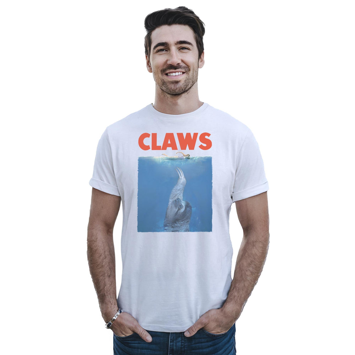 Claws Funny Staple T-shirt in White On Model - Front View
