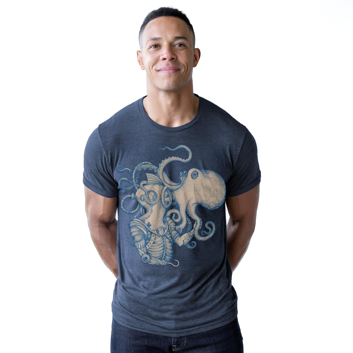 Deep Sea Discovery Artistic Staple T-shirt in Navy Heather On Model - Front View
