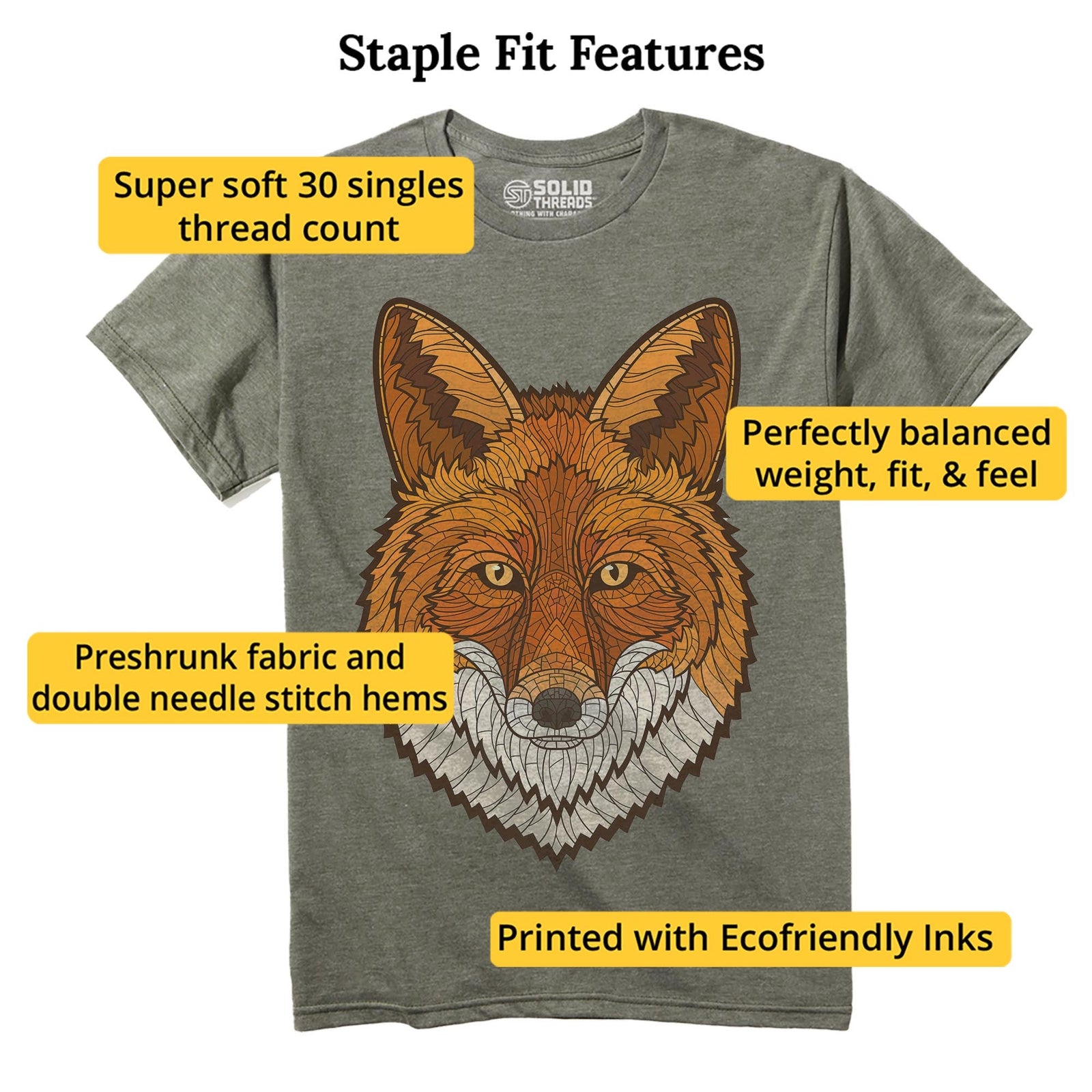 Geometric Fox Artistic Staple T-shirt in Olive Heather - Fit Attributes