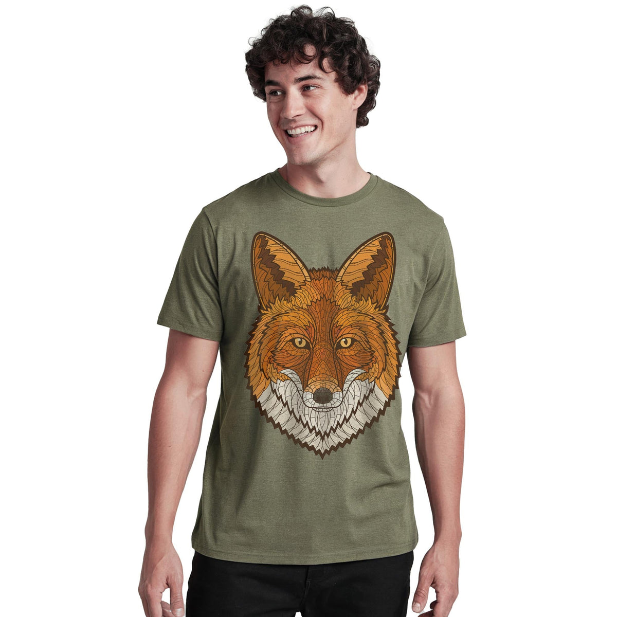 Geometric Fox Artistic Staple T-shirt in Olive Heather On Model - Front View