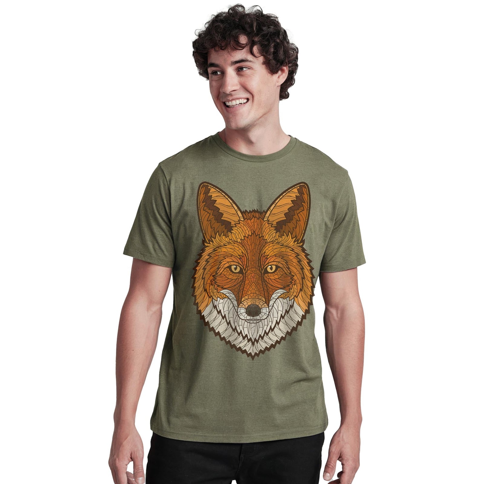 Geometric Fox Artistic Staple T-shirt in Olive Heather - Front View
