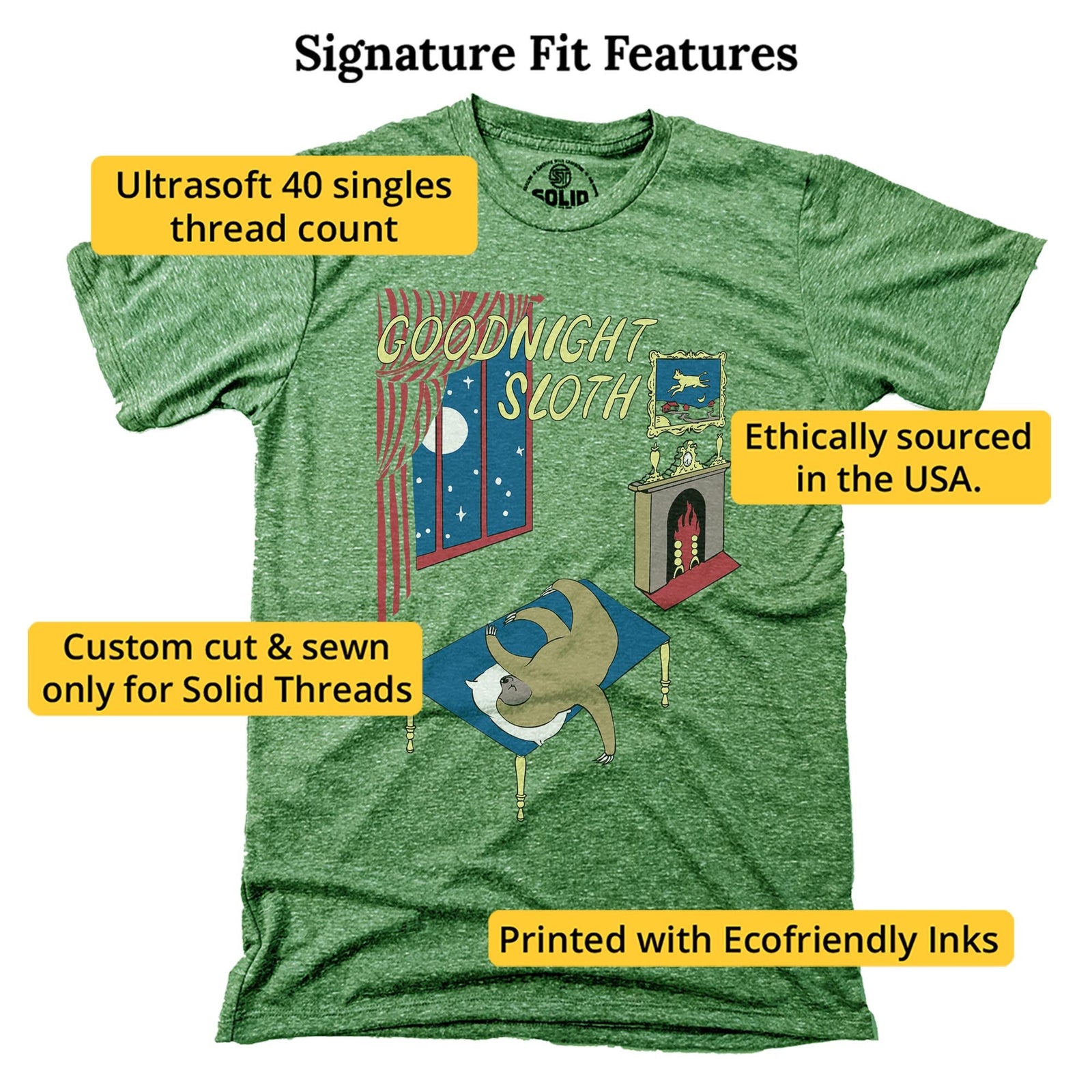 Goodnight Sloth Funny Signature T-shirt in Triblend Kelly - Fit Attributes