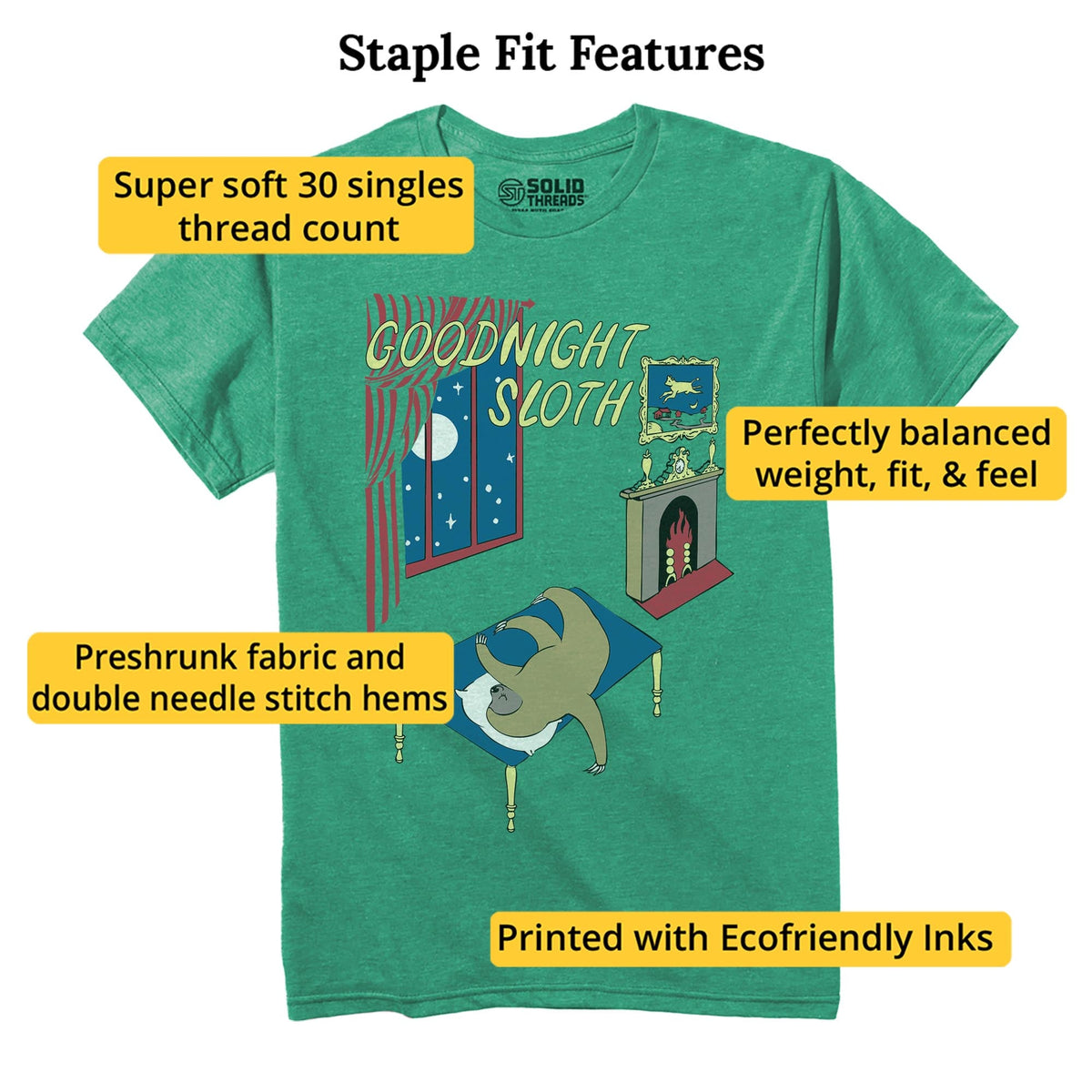 Goodnight Sloth Funny Staple T-shirt in Kelly Heather - Fit Attributes
