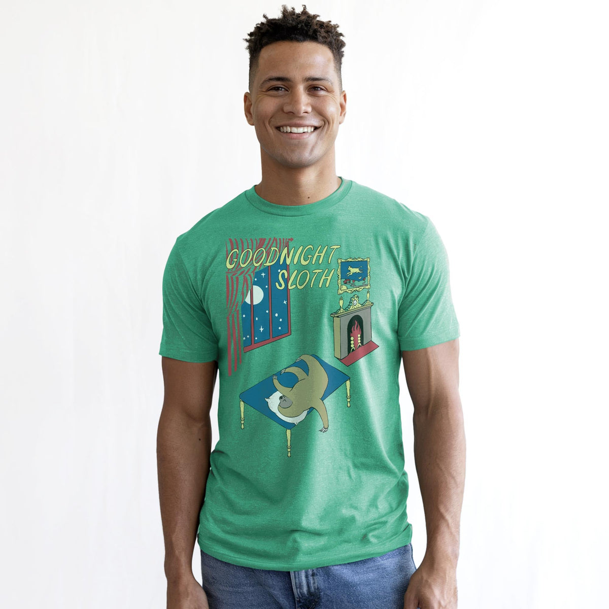 Goodnight Sloth Funny Staple T-shirt in Kelly Heather On Model - Front View