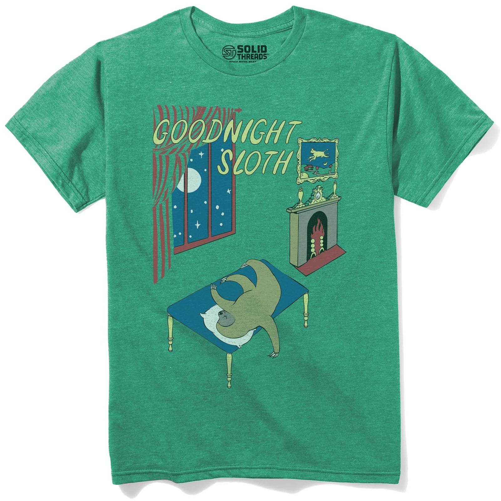 Goodnight Sloth Funny Staple T-shirt in Kelly Heather - Front View