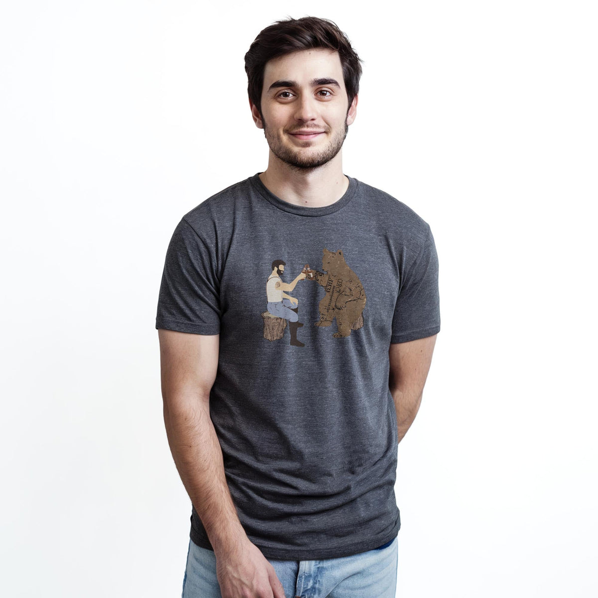 Having A Bear Funny Staple T-shirt in Charcoal Heather On Model - Front View