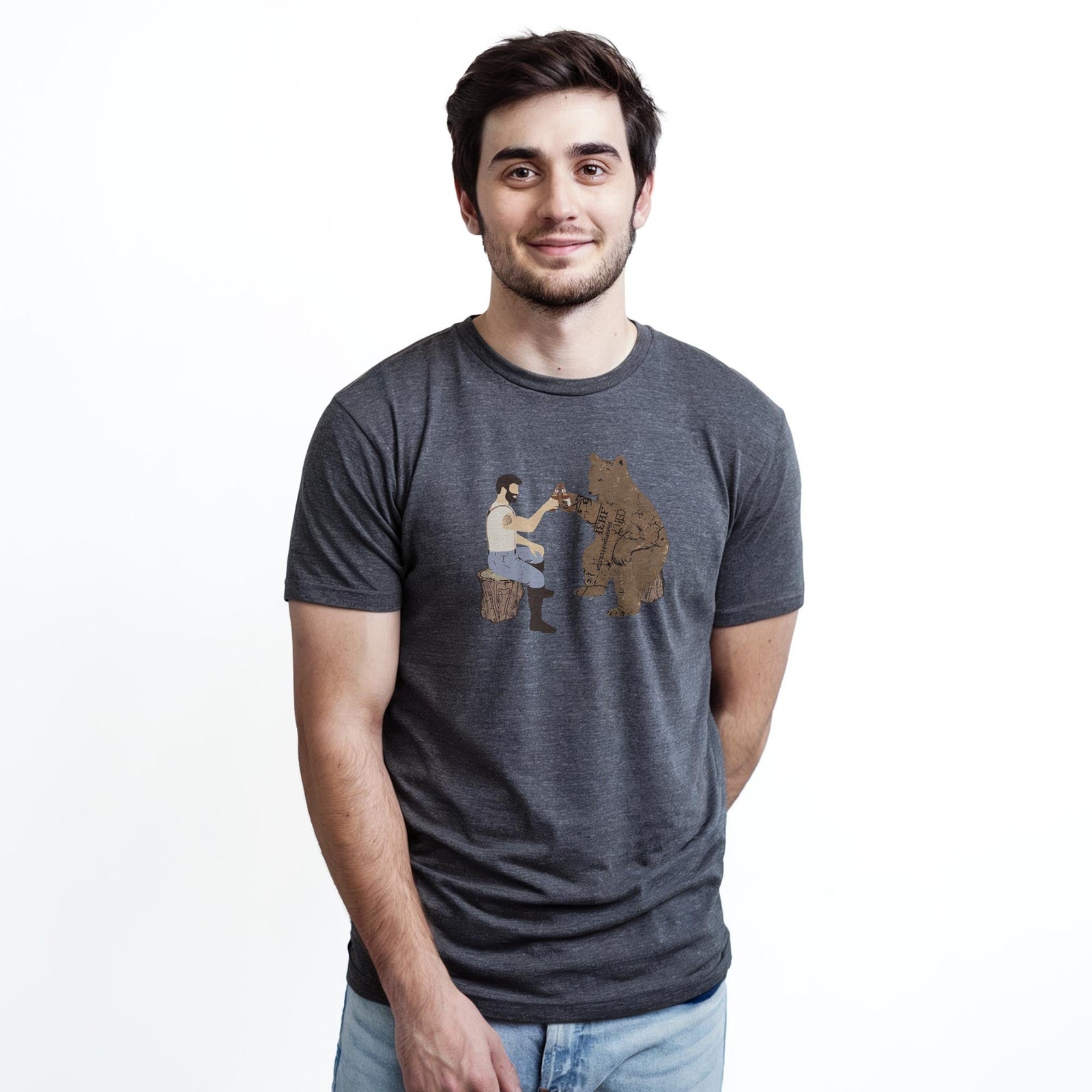 Having A Bear Funny Staple T-shirt in Charcoal Heather On Model - Front View