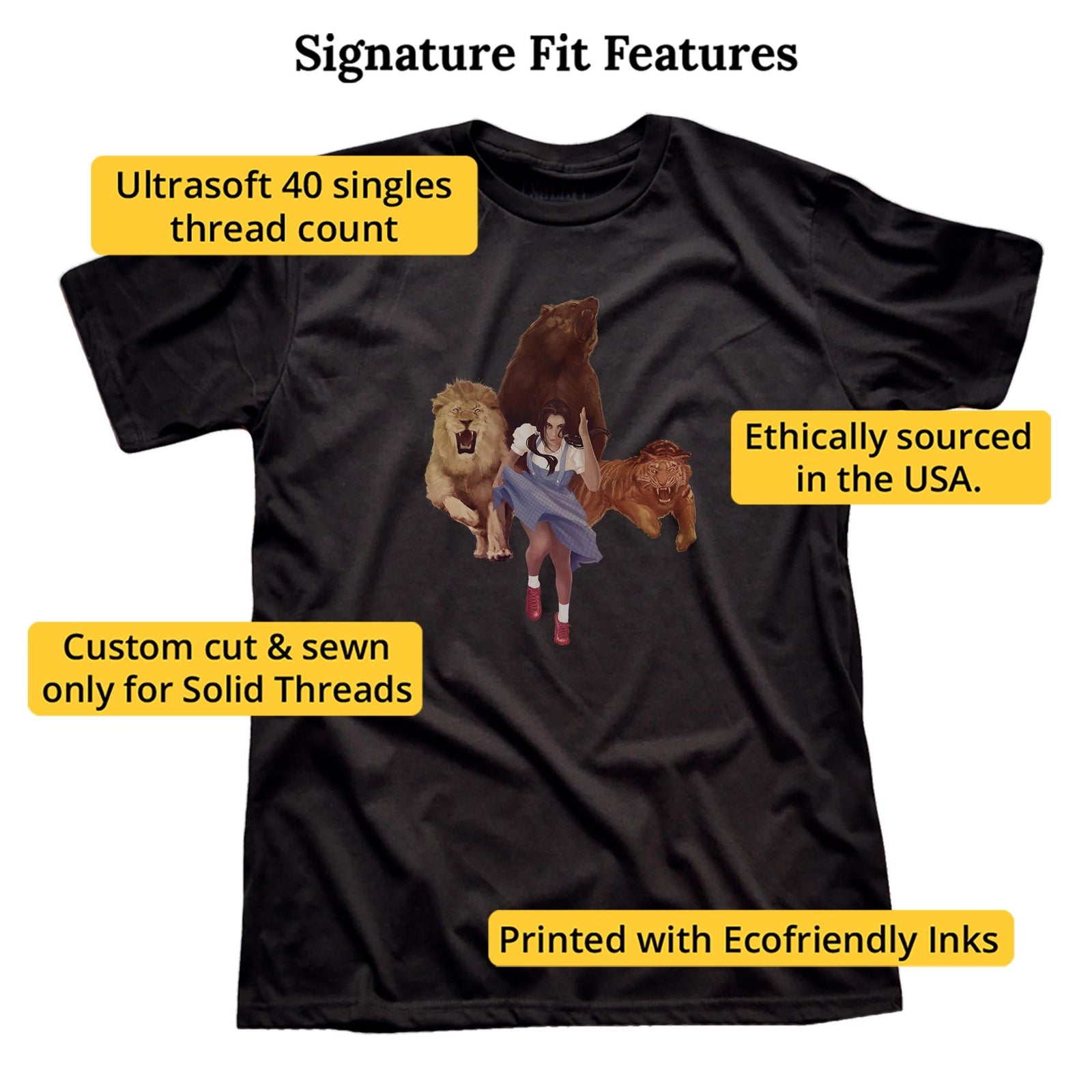 Lions Tigers Bears Funny Signature T-shirt in Black - Fit Attributes