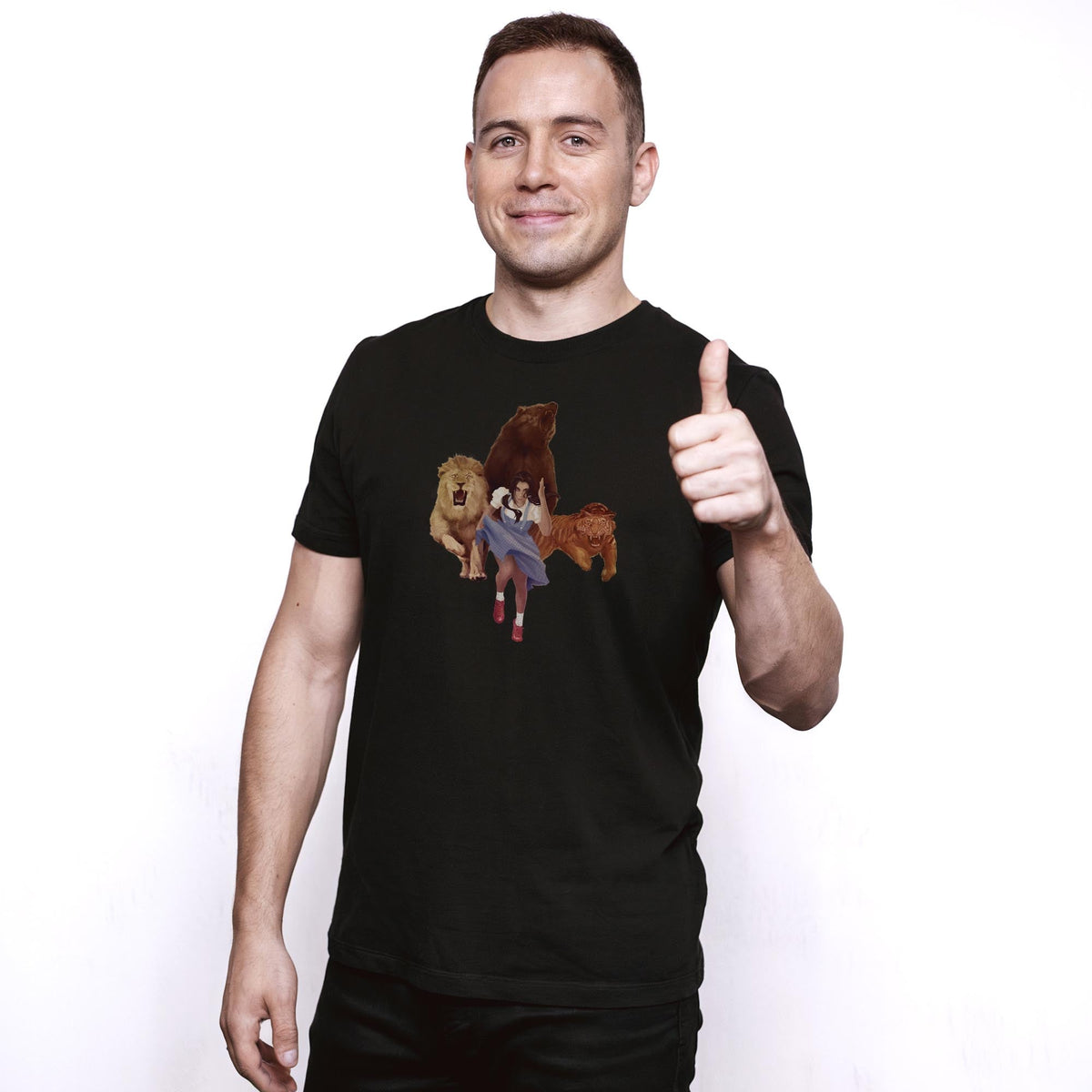 Lions Tigers Bears Funny Staple T-shirt in Black On Model - Front View