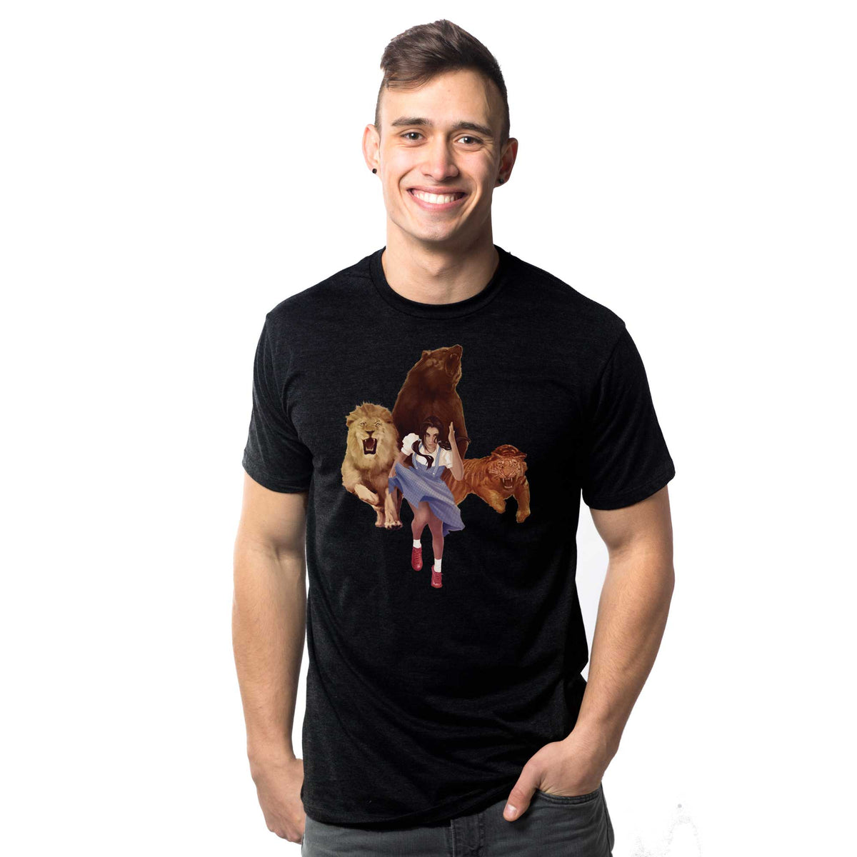 Men's Lions-Tigers-Bears Funny Graphic T-Shirt | Cool Wizard Of Oz Book  Tee on Model | Solid Threads