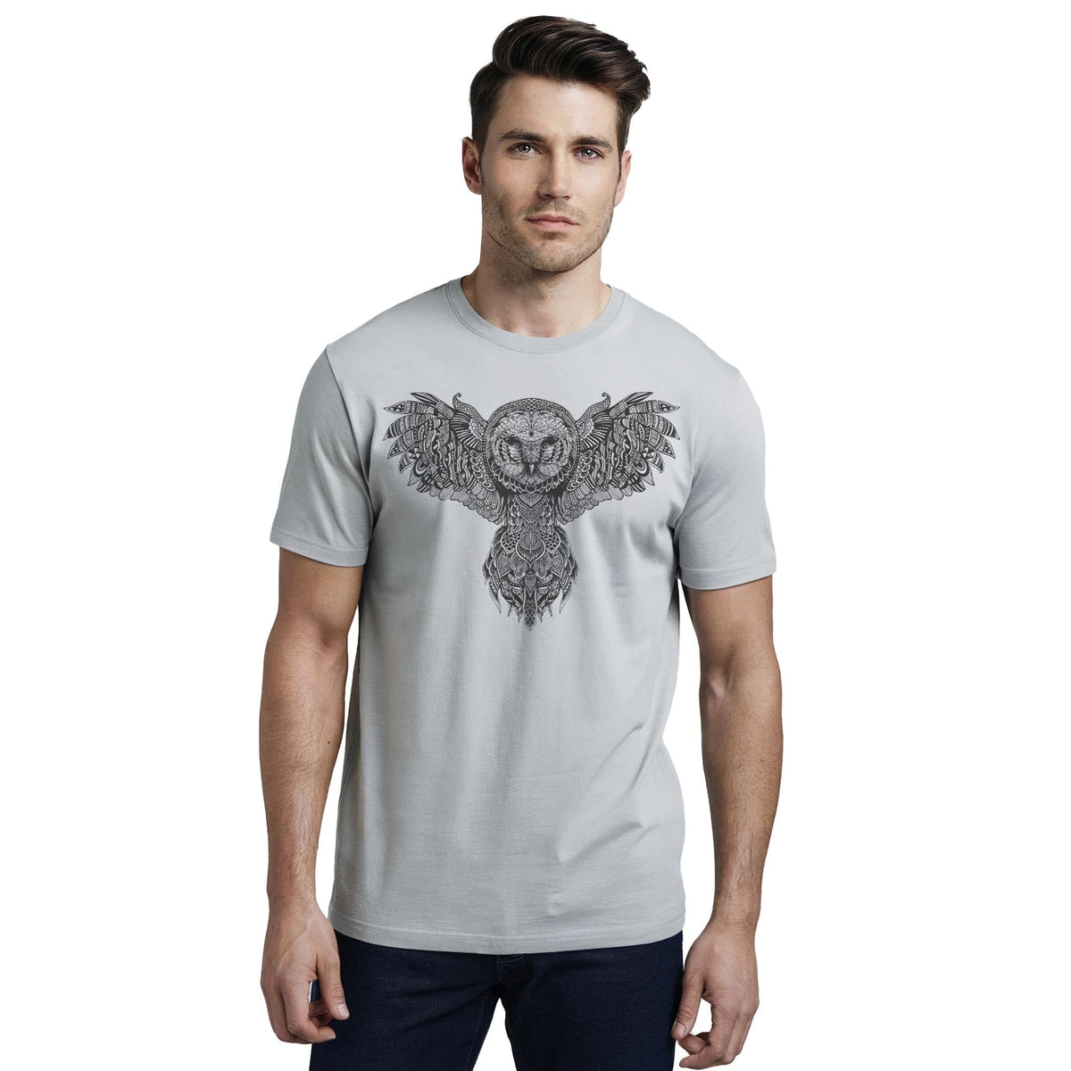 Majestic Owl Artistic Staple T-shirt in Silver On Model - Front View