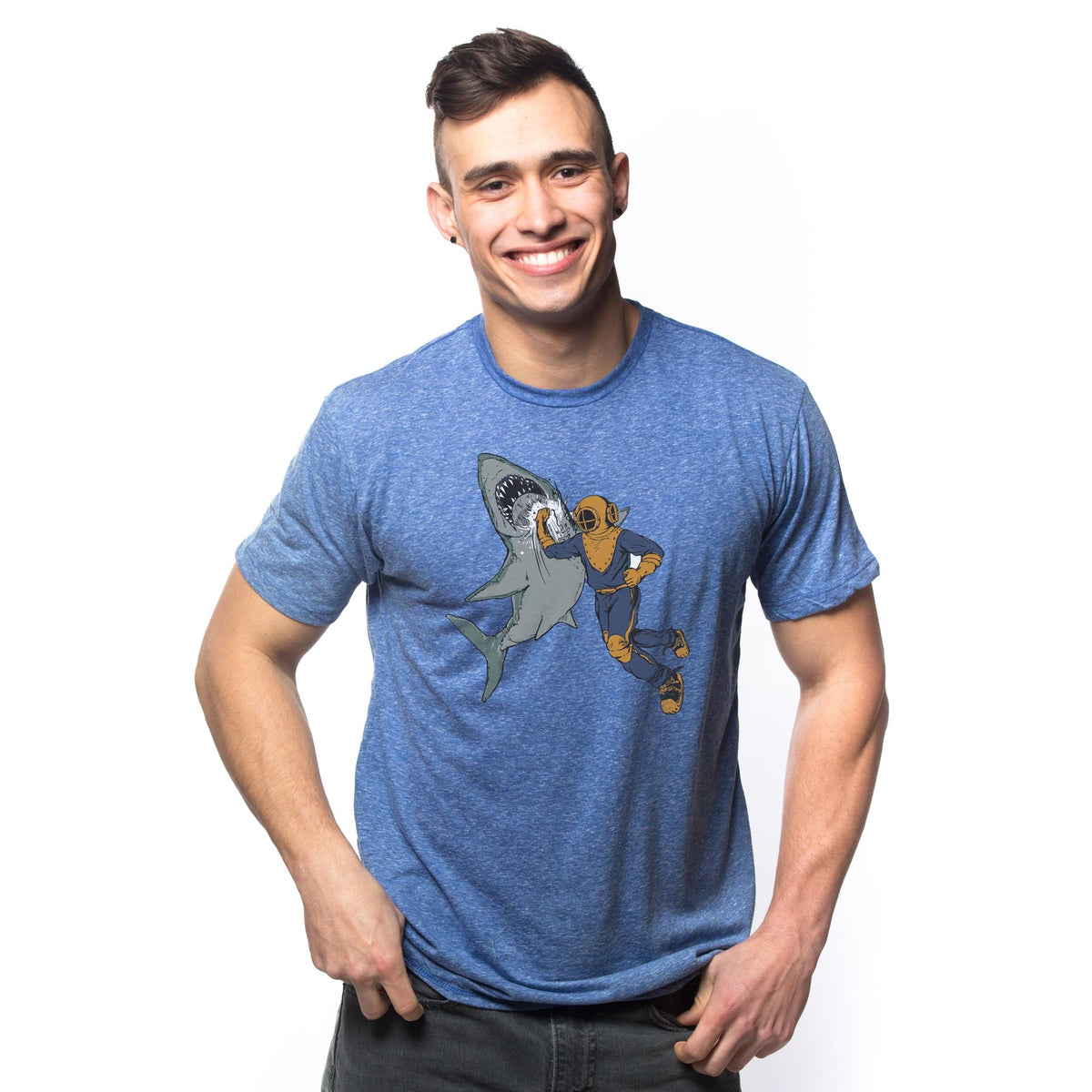 Men's Shark-Punch Funny Graphic T-Shirt | Cool Ocean Scuba  Tee on Model | Solid Threads
