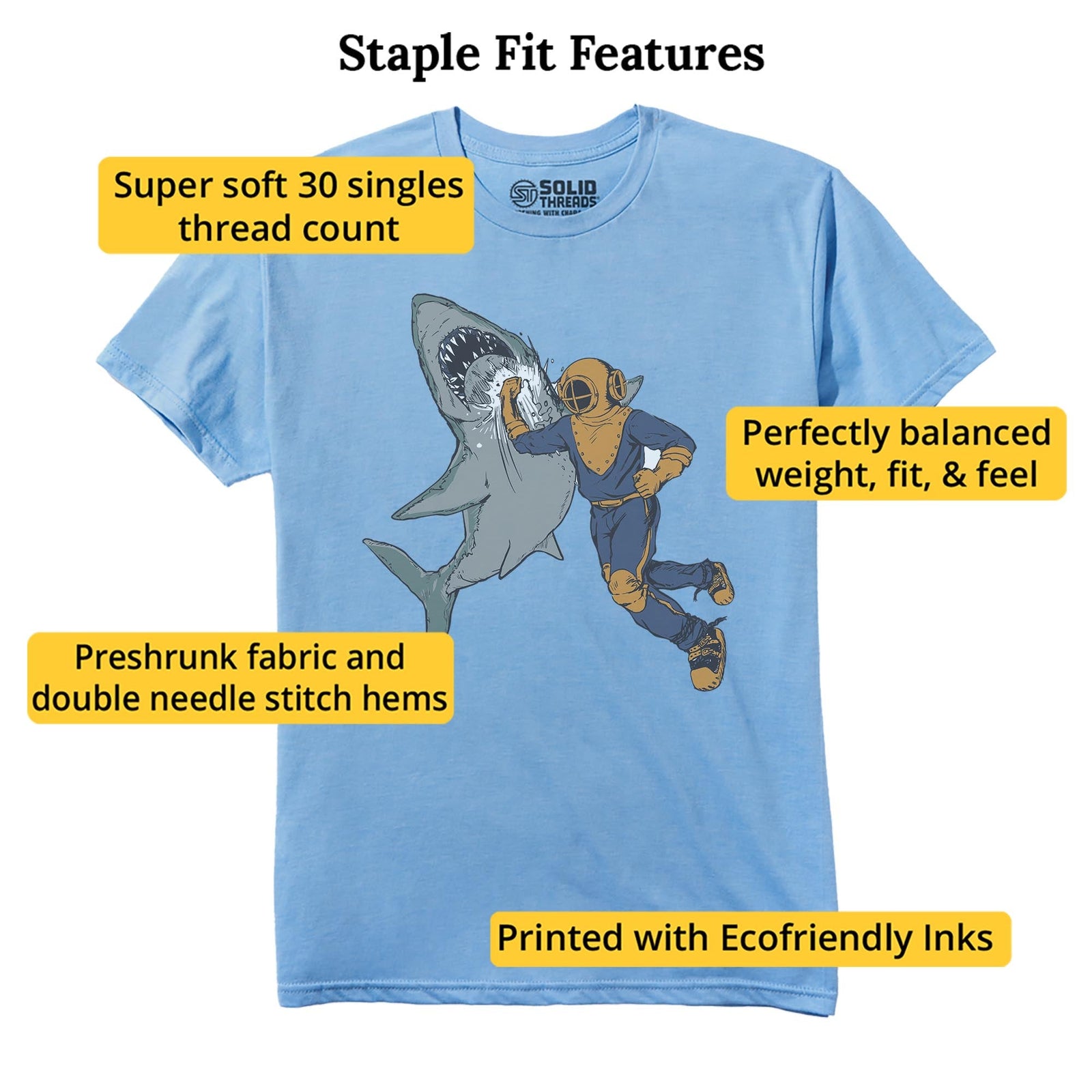 Shark Punch Funny Staple T-shirt in Light Blue Heather - Fit Attributes