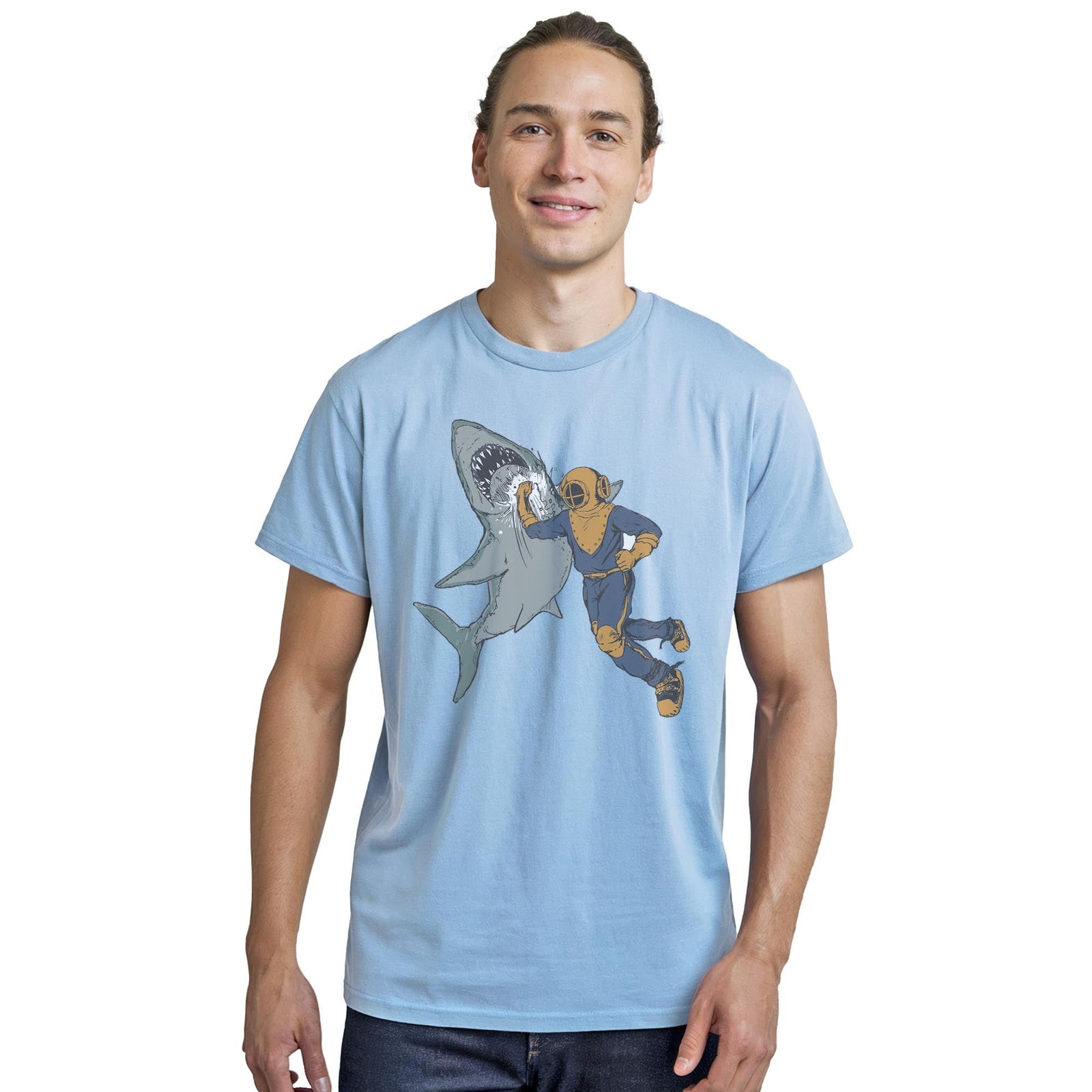 Shark Punch Funny Staple T-shirt in Light Blue Heather On Model - Front View