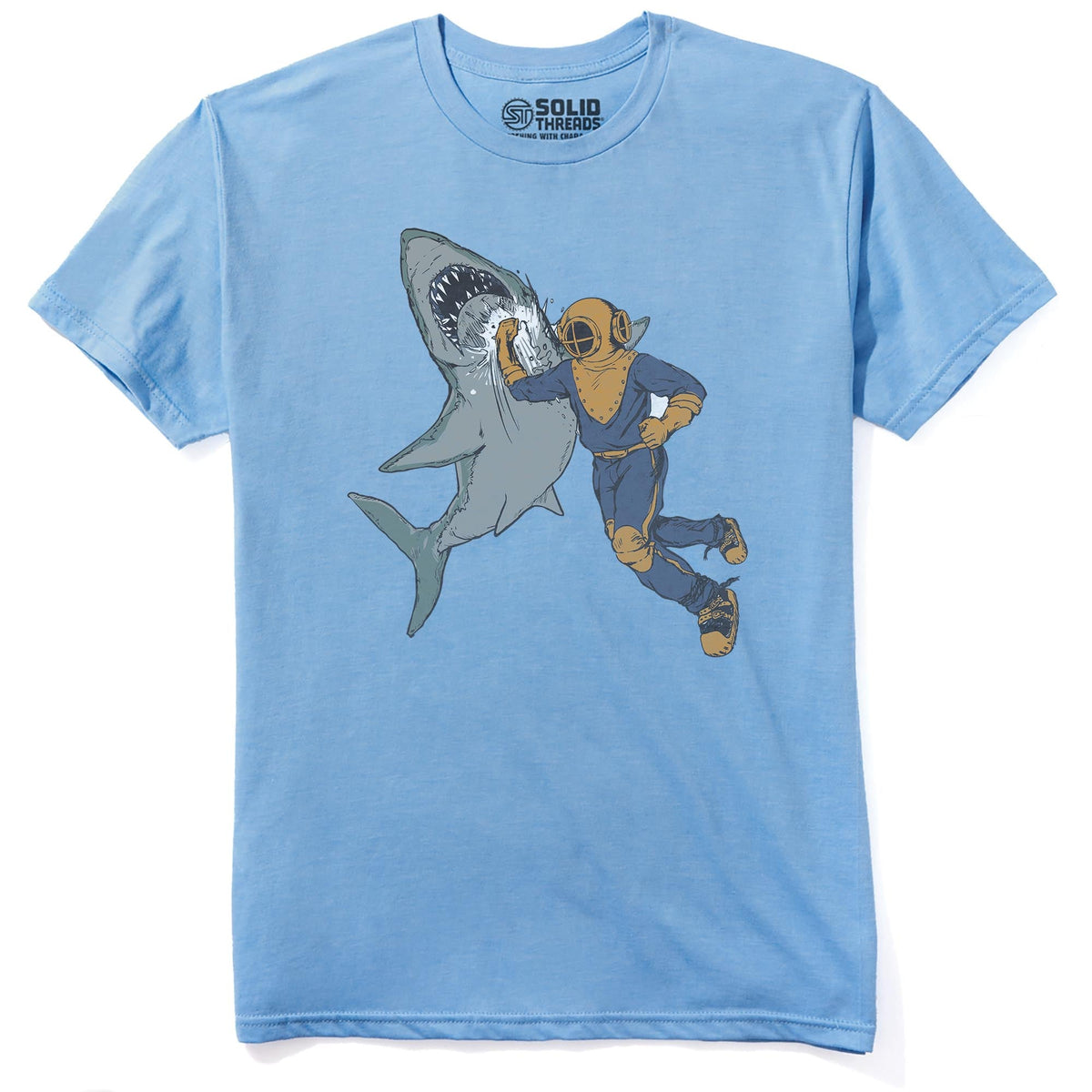 Shark Punch Funny Staple T-shirt in Light Blue Heather - Front View