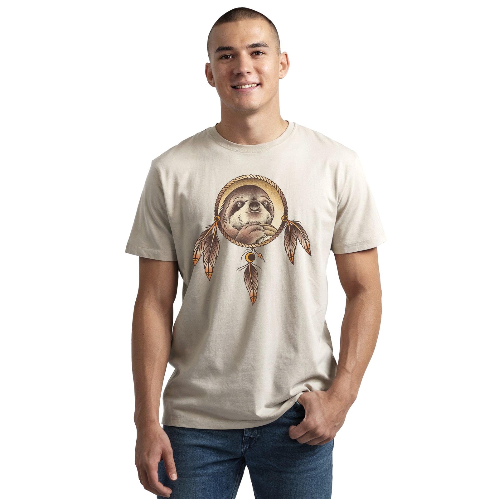 Spirit Sloth Funny Staple T-shirt in Natural On Model - Front View