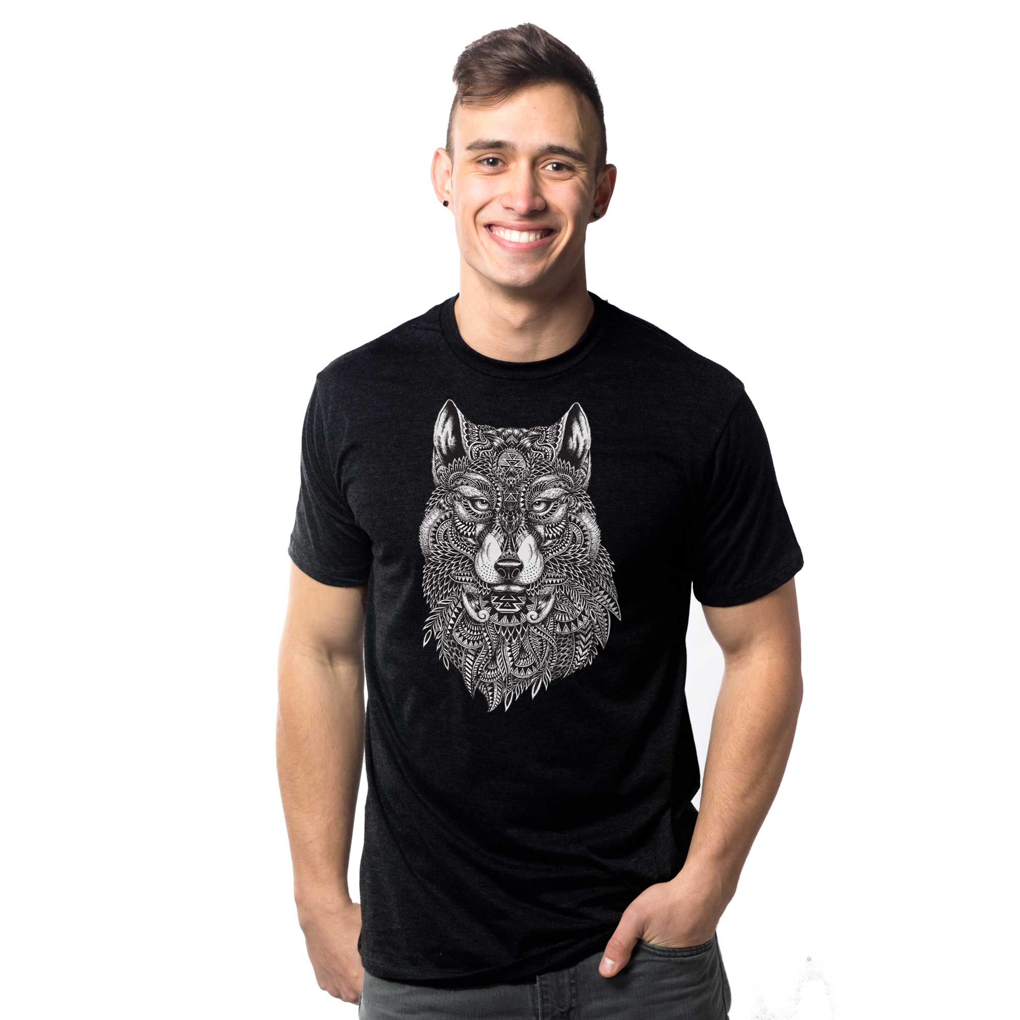 Men's Tribal-Wolf Artistic Graphic T-Shirt | Cool Animal Art  Tee on Model | Solid Threads